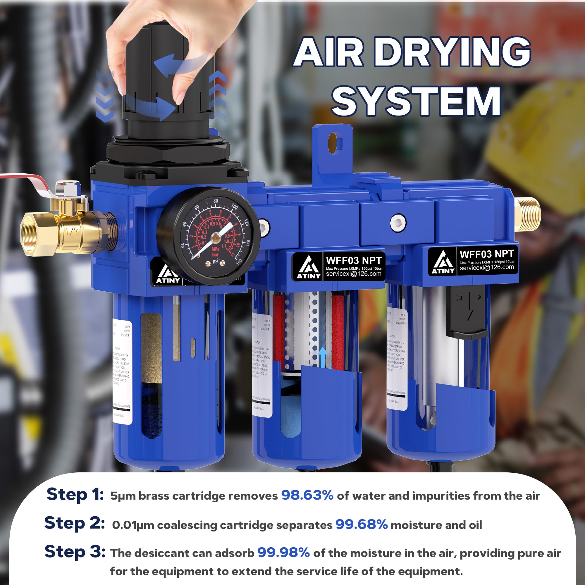 Système de séchage d'air NPT à trois étapes de 3/8 pouces, régulateur de pression d'air avec cartouche filtrante de 5 et 0,01 microns, séchoir déshydratant et régulateur d'air, bol de drainage en