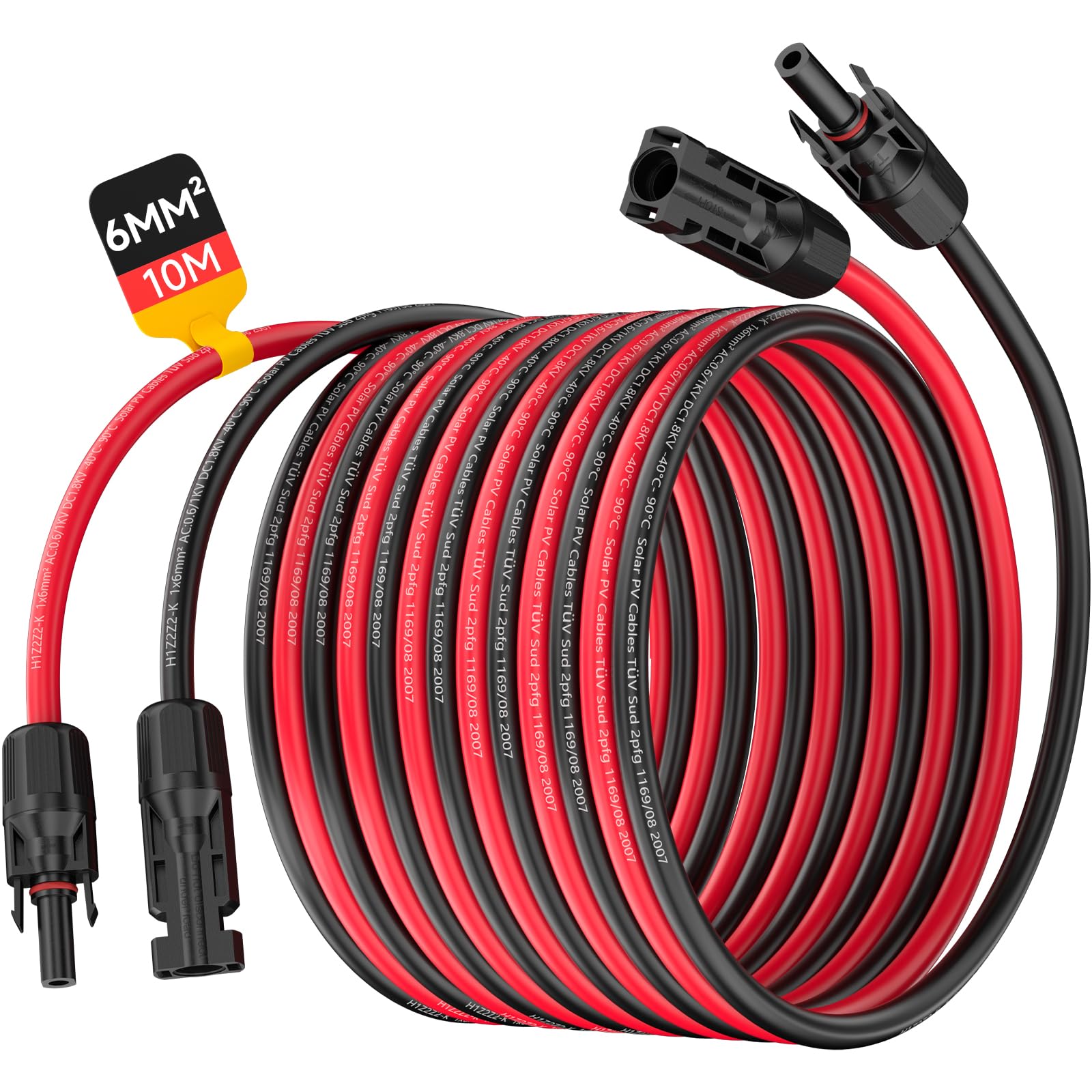 Cable solar de 6 mm², cable de extensión fotovoltaica, 10 m, con casquillos y conectores solares, alargador de cable solar de 10 AWG, IP68, resistente al agua, para sistemas solares (rojo/negro
