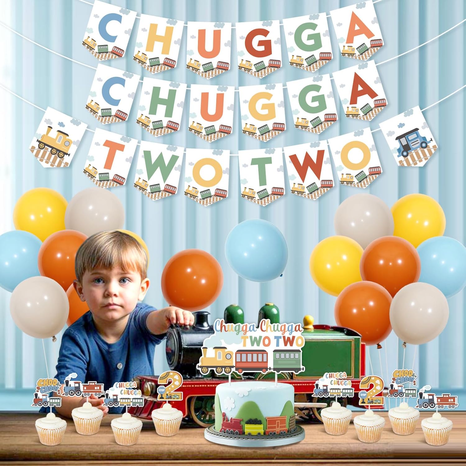 Kreatwow Train 2nd Birthday Party Decorations Chugga Chugga Two Two Backdrop Banner Cake Toppers Railroad Theme Second Birthday Decorations Transportation Theme Two Years Old Party Supplies