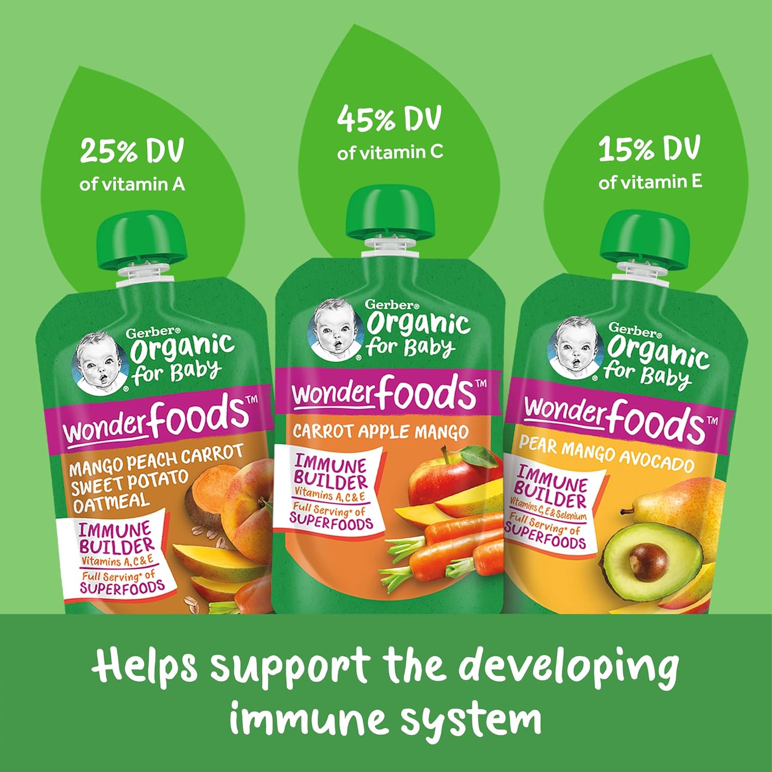 Gerber Organic For Baby 2nd Foods Pouches Immune Builder Variety Pack (3) Carrot Apple Mango (3) Mango Peach Carrot Sweet Potato Oatmeal (3) Pear Mango Avocado 1.96lb (18 Pack)