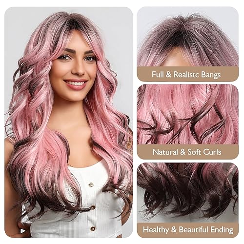 Miniatura 3 de Pelucas moradas con flequillo pelucas largas onduladas naturales para mujeres negras peluca de cosplay peluca sintética resistente al calor