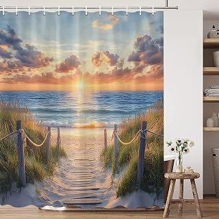 Coastal Beach Shower Curtains Sunset Ocean Tropical Coast Nature Seascape Bathroom Decor Set Polyester Fabric with Hooks 70X70 Inch
