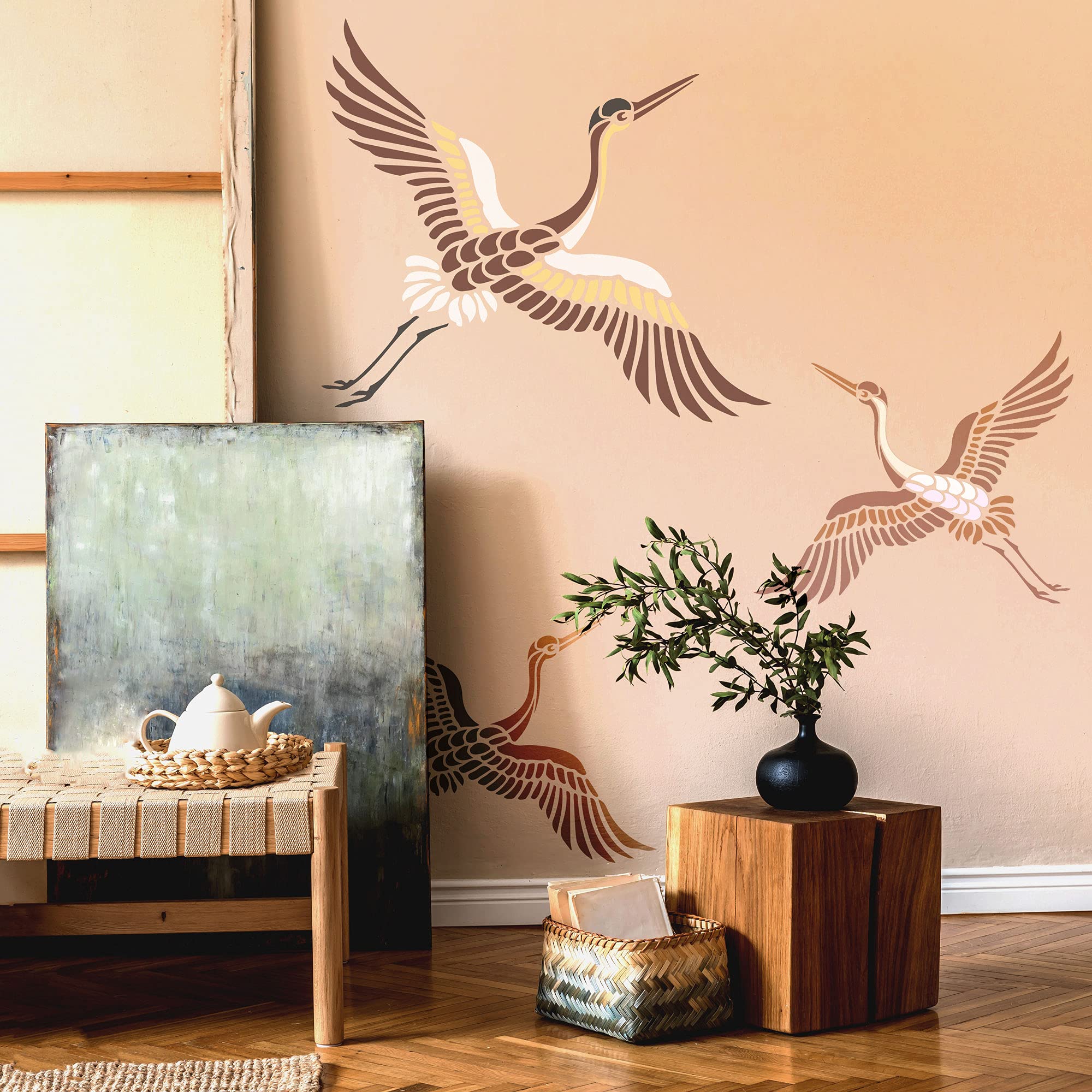 NAKLEO Pochoir pour Peinture Murale Grand Format 59x95cm, Modèle en Plastique et Réutilisable, Japonais Volant Grue Art Déco Oriental, DIY Bricolage Artisanat Décoration a Peindre, Bois Tissu Mueble