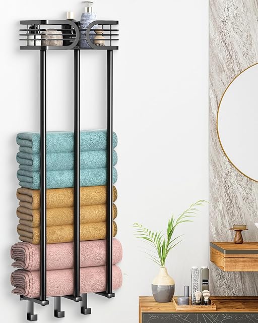ENONCI Towel Rack Wall Mounted, Towel Storage for BathroomTowel Holder with Shelf and 3 Hooks, Towel Racks Wall Can Holds Up to 6 Large Size(63"x40") of Rolled Towels, Matte Black