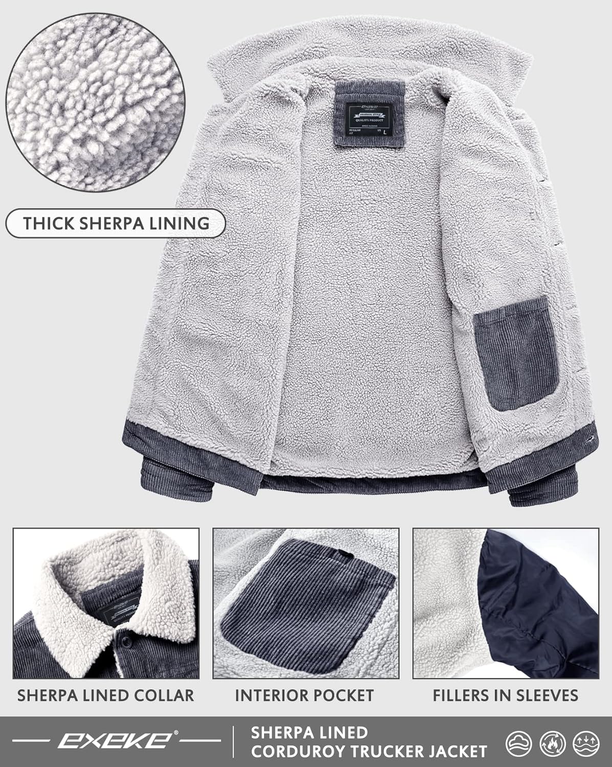 EXEKE Men's Corduroy Jacket Sherpa Lined Trucker Jacket Thickened Thermal Winter Jacket