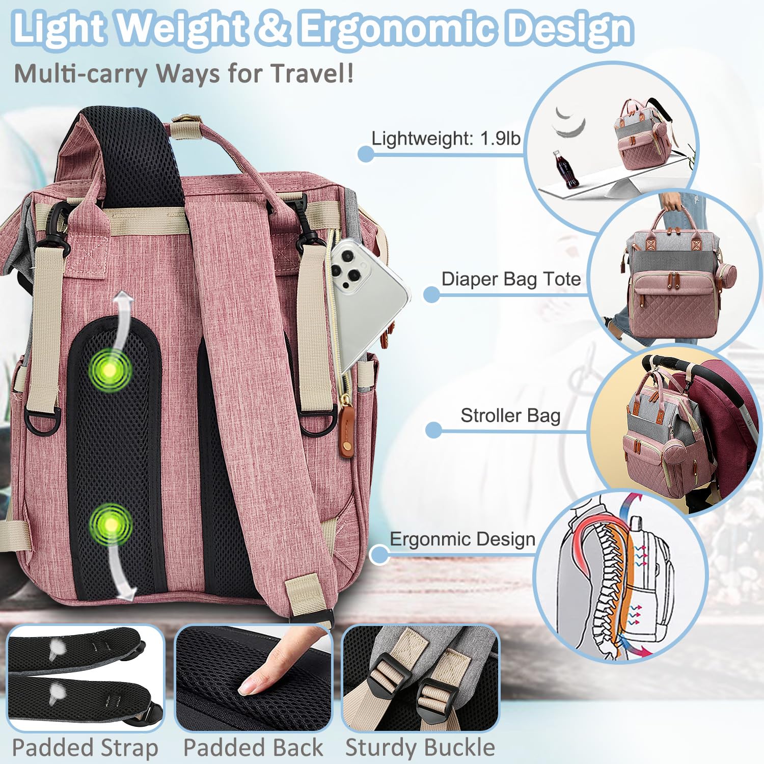 Diaper Bag Backpack Baby Bag, Baby Girl Boy Diaper Bag for Dad Mom with Pad, 16 Pockets, Pacifier Case, Large Diaper Bags Unisex for Travel(Pink Grey) - Image 5