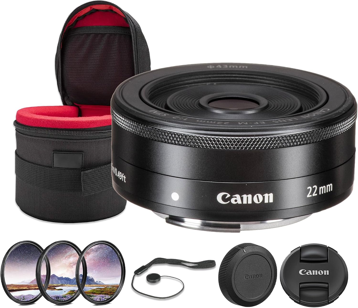 Canon EF-M 22mm f/2 STM Lens Bundle | Compact Wide-Angle Prime with Fast f/2 Aperture, Smooth STM Autofocus & Lightweight Pancake Design | for Travel & Street Photos (5985B002) + Filter Kit + More