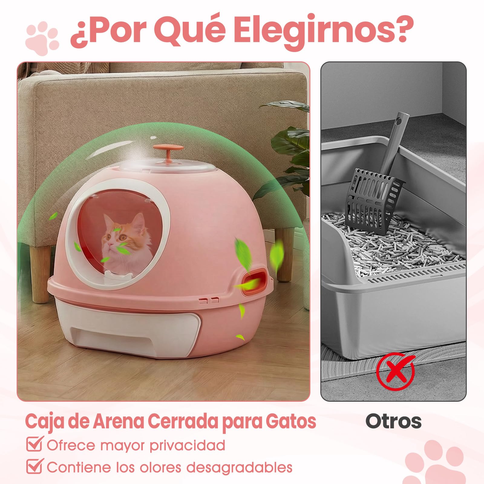 COSTWAY Arenero para Gatos Cubierto, Estilo Helicóptero, Caja de Arena Plegable para Gato con Entrada Frontal y Salida Superior, Pala, Bandeja Portátil para Gatos Grandes, 54 x 46 x 39 cm (Rosa)