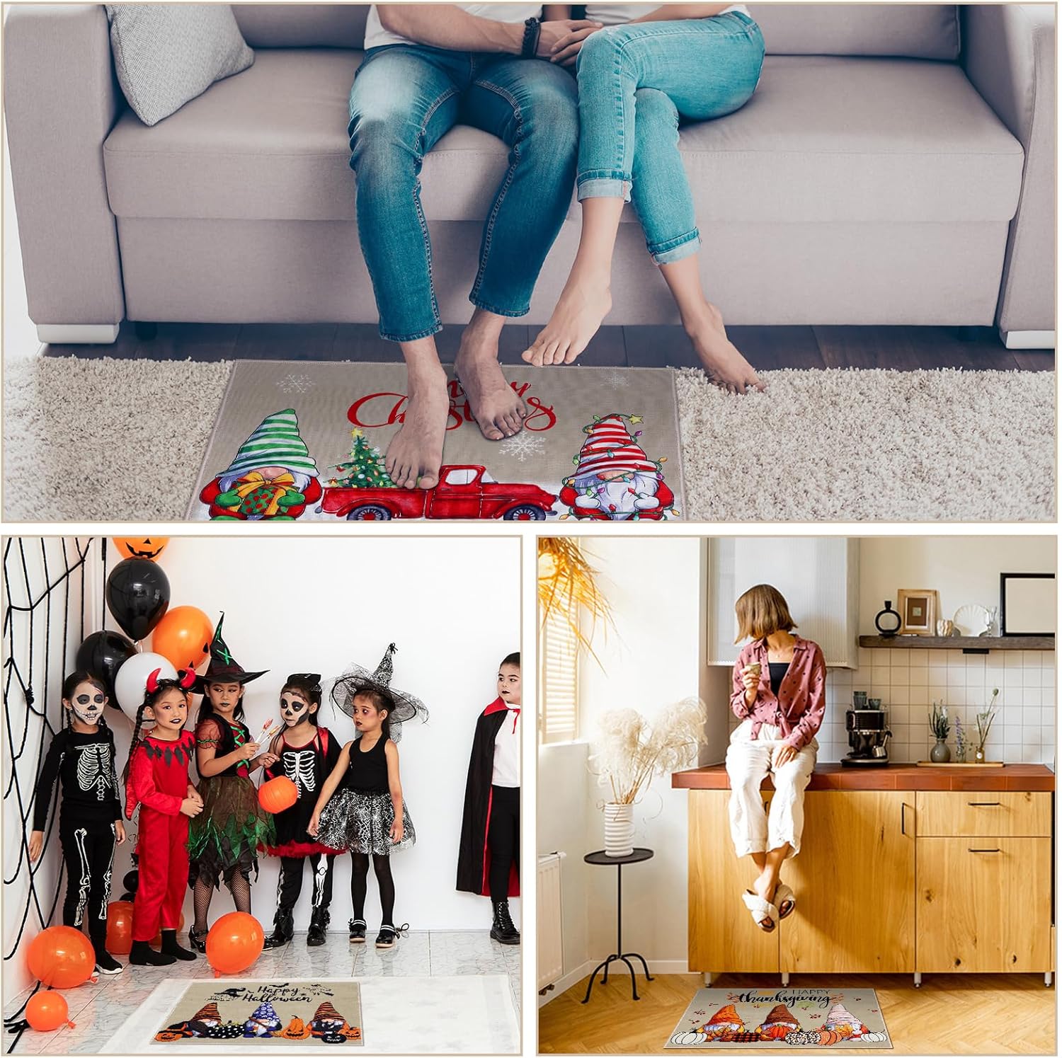 3 Pcs Thanksgiving Front Door Mat 24 x 16 Inch Christmas Welcome Gnome Door Mats for Thanksgiving Fall Halloween Non Slip Rubber Gnome Mats for Indoor Outdoor Entrance