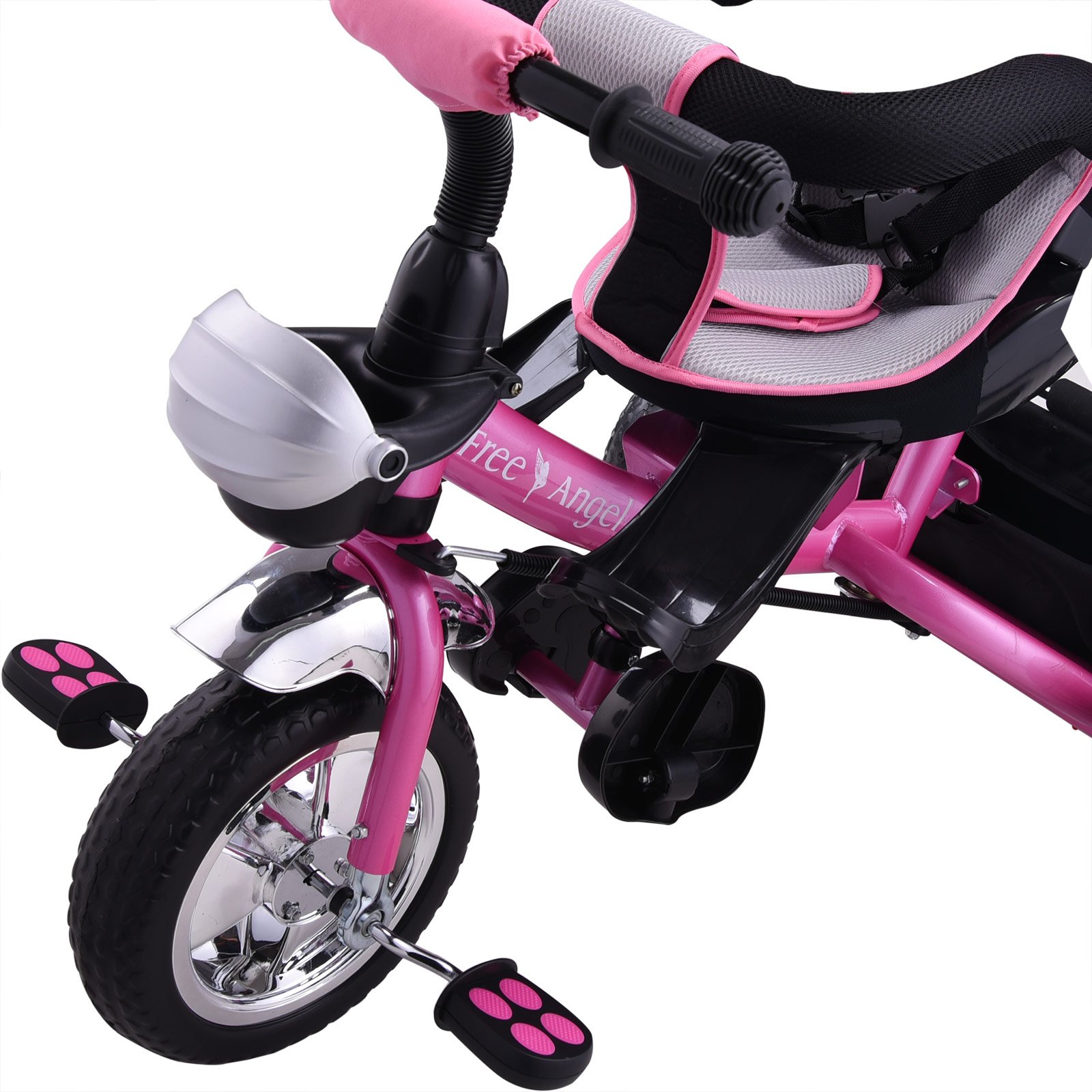 SPIELWERK® Triciclo Evolutivo Bicicleta Niños Carga Máxima 30Kg Cochecito Bebe Pedales Reposapiés Barra de Empuje Techo Plegable Portavasos Rosa