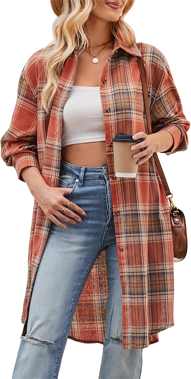 Zontroldy Women's Mid Long Casual Button Down Long Flannel Shirts Plaid Shacket Jacket with Pockets