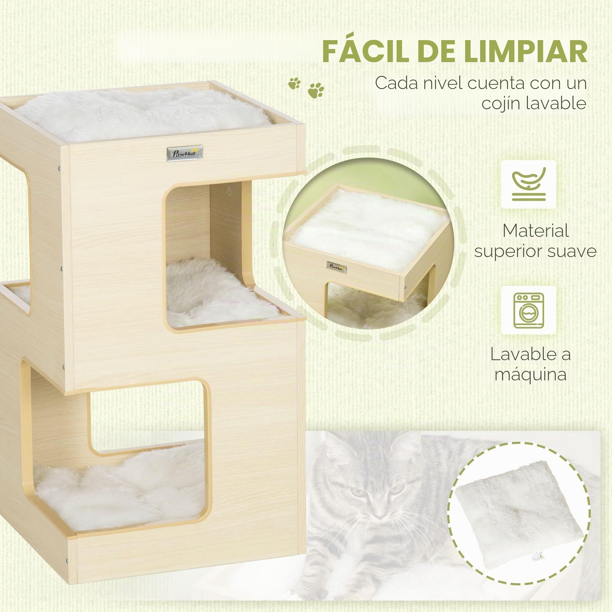 PawHut Cueva para Gatos, Armario para Gatos de 3 Niveles con Cojines, cabaña para Gatos, casa para Gatos con Juguete Falso de ratón, Muebles para Gatos, Interior, Roble, 34 x 34 x 60 cm | Cama para gatos, tienda de campaña, casa para mascotas