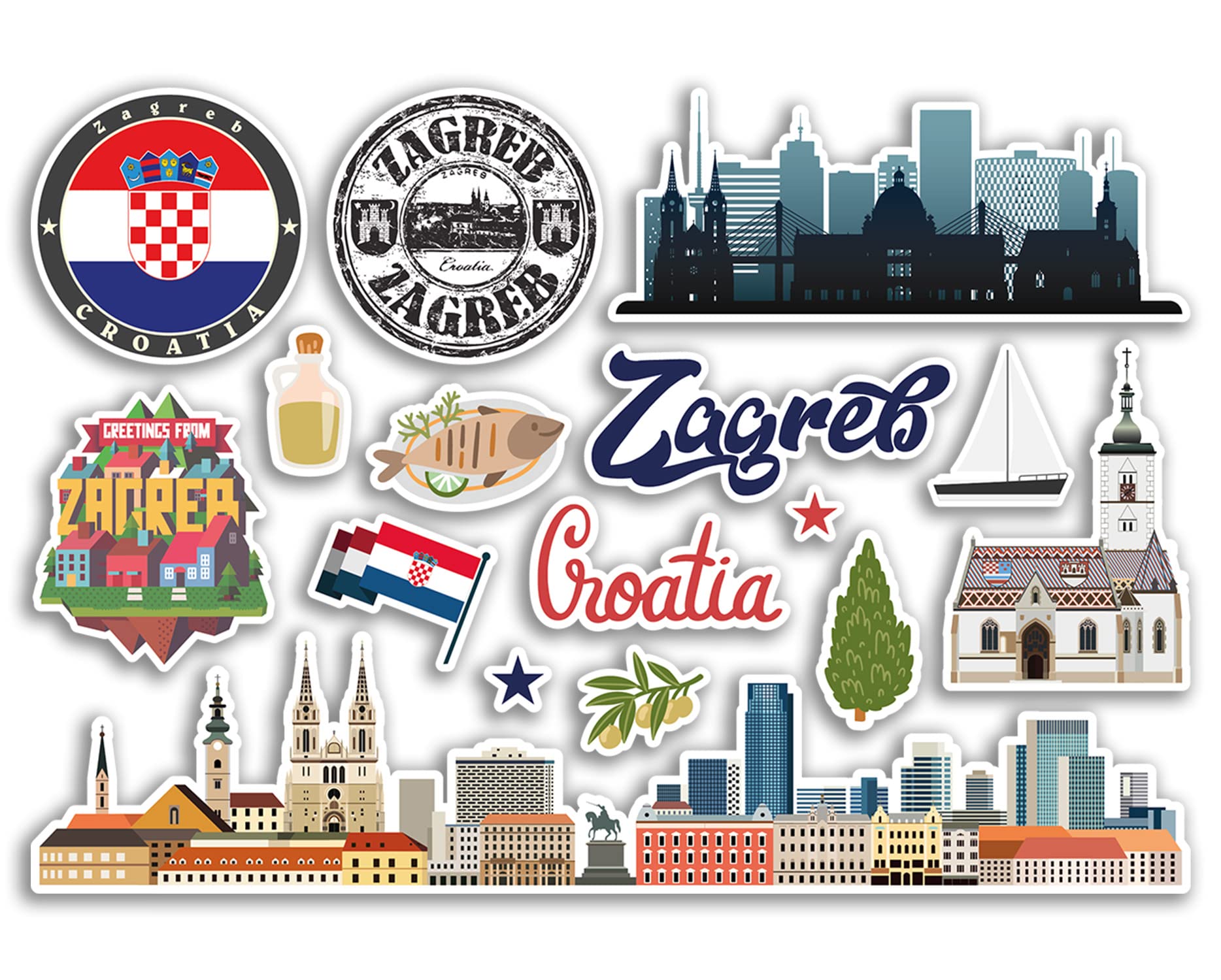 Dv Design Multi A5 Sticker Sheet Zagreb Landmarks Vinyl Stickers - Croatia Airport Stamps Skyline Flag Map Travel Holiday Scrapbooking City Luggage #79136