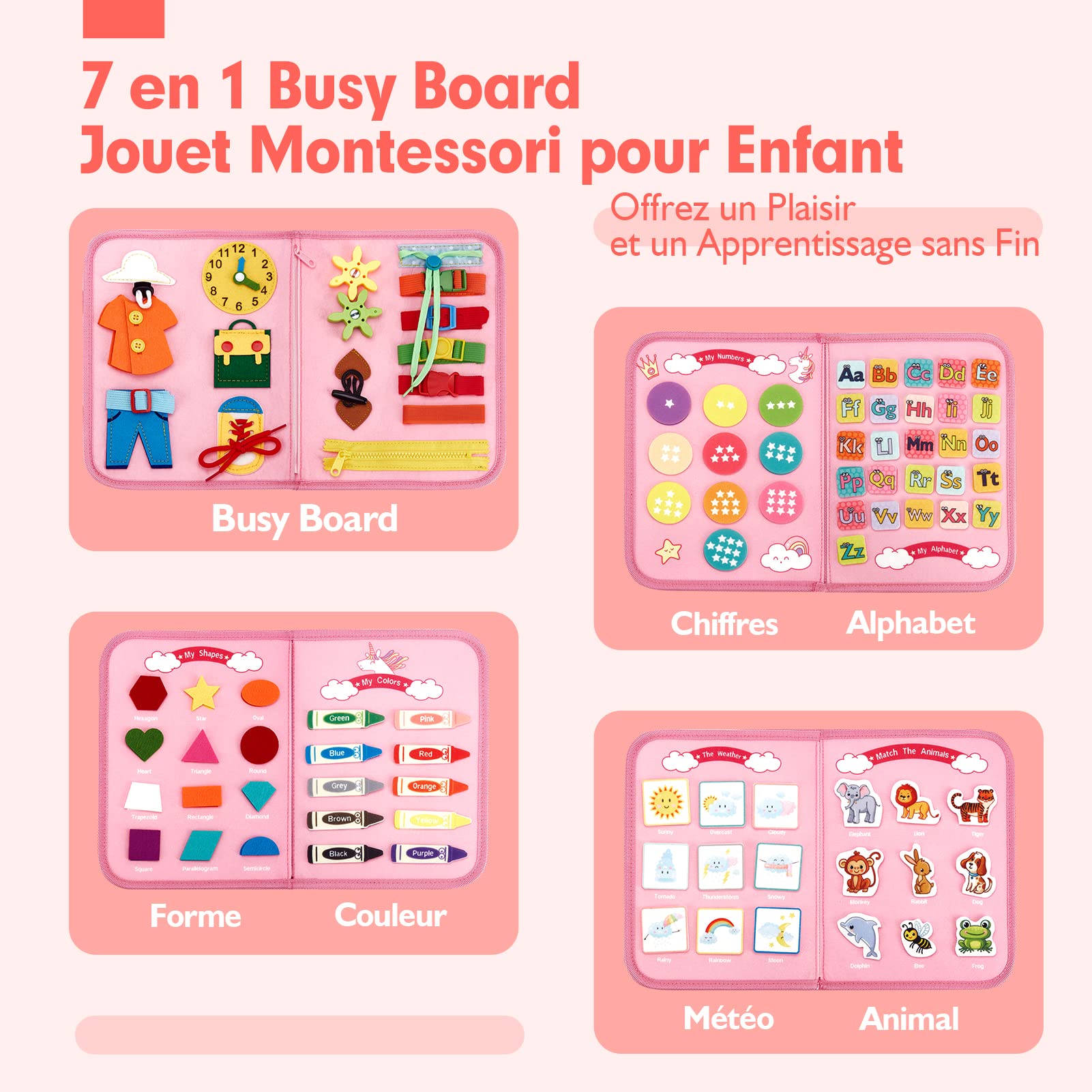 hahaland Busy Board Jouet Montessori, 7 in 1 Licorne Jouet Éducatif, Jouets d'Activité et de Développement pour Enfants, Livre Bebe en Feutre, Quiet Book Cadeau pour Enfant, 5 Couches Planche