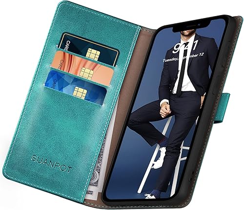 Miniatura 4 de SUANPOT Funda tipo cartera para iPhone 13 Pro Max 6.7 5G con bloqueo RFID, tarjetero y tarjetero, funda de piel sintética con tapa para teléfono, a