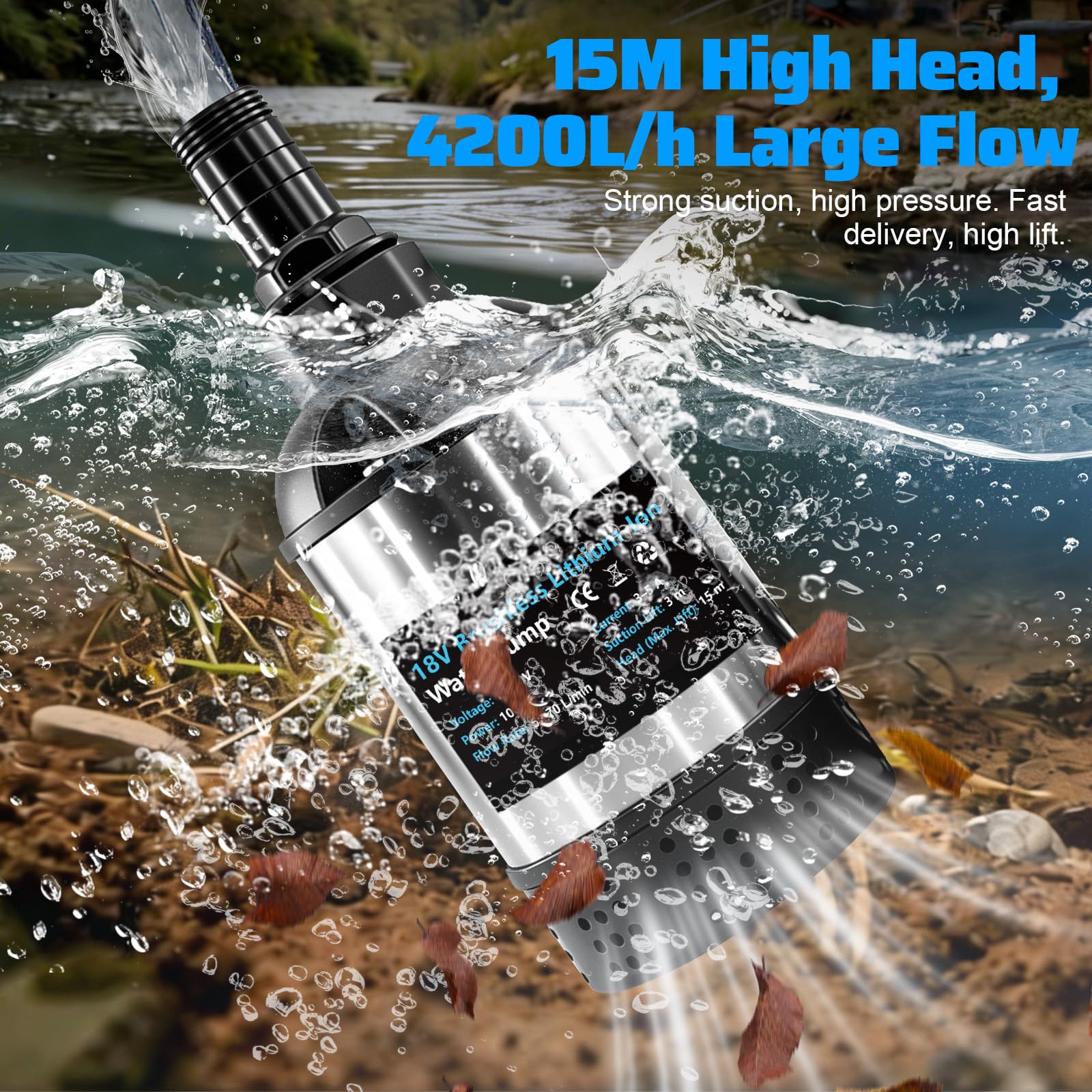 Wasserpumpe Kompatibel mit Makita 18V Akku, Bürstenlose 100W Diesel-Kraftstoffpumpe, 50-70L/min Durchfluss, 15m Förderhöhe, 3m Saughöhe, 25mm Düsen für Wasser & Öl