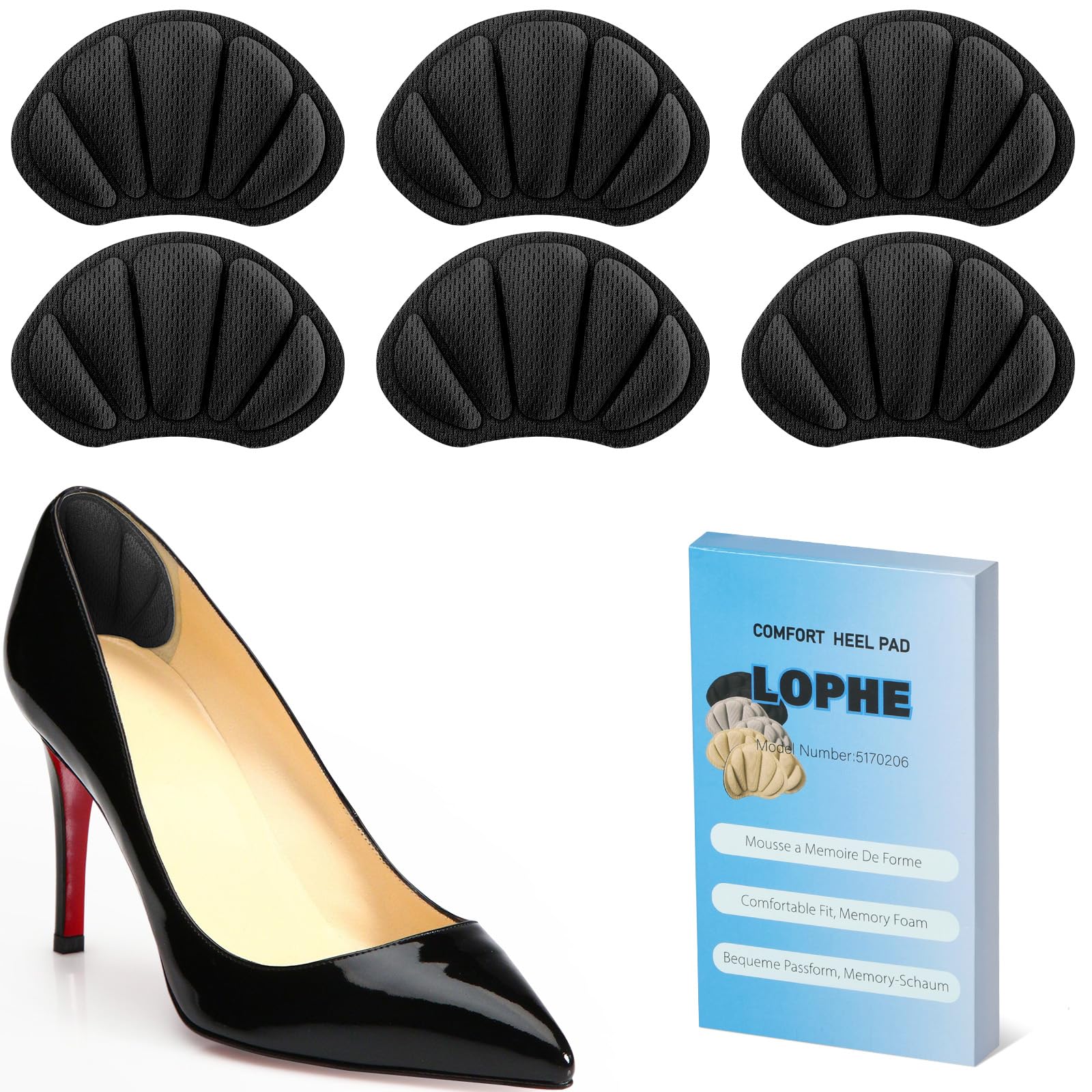 LOPHE Almohadillas para Talones, 3 Pares Almohadilla Talóneras Autoadhesivas para Mujeres y Hombres, Protector de Talon Esponja para Antirozaduras Zapatos y Reducir Talla Zapata (Negro)