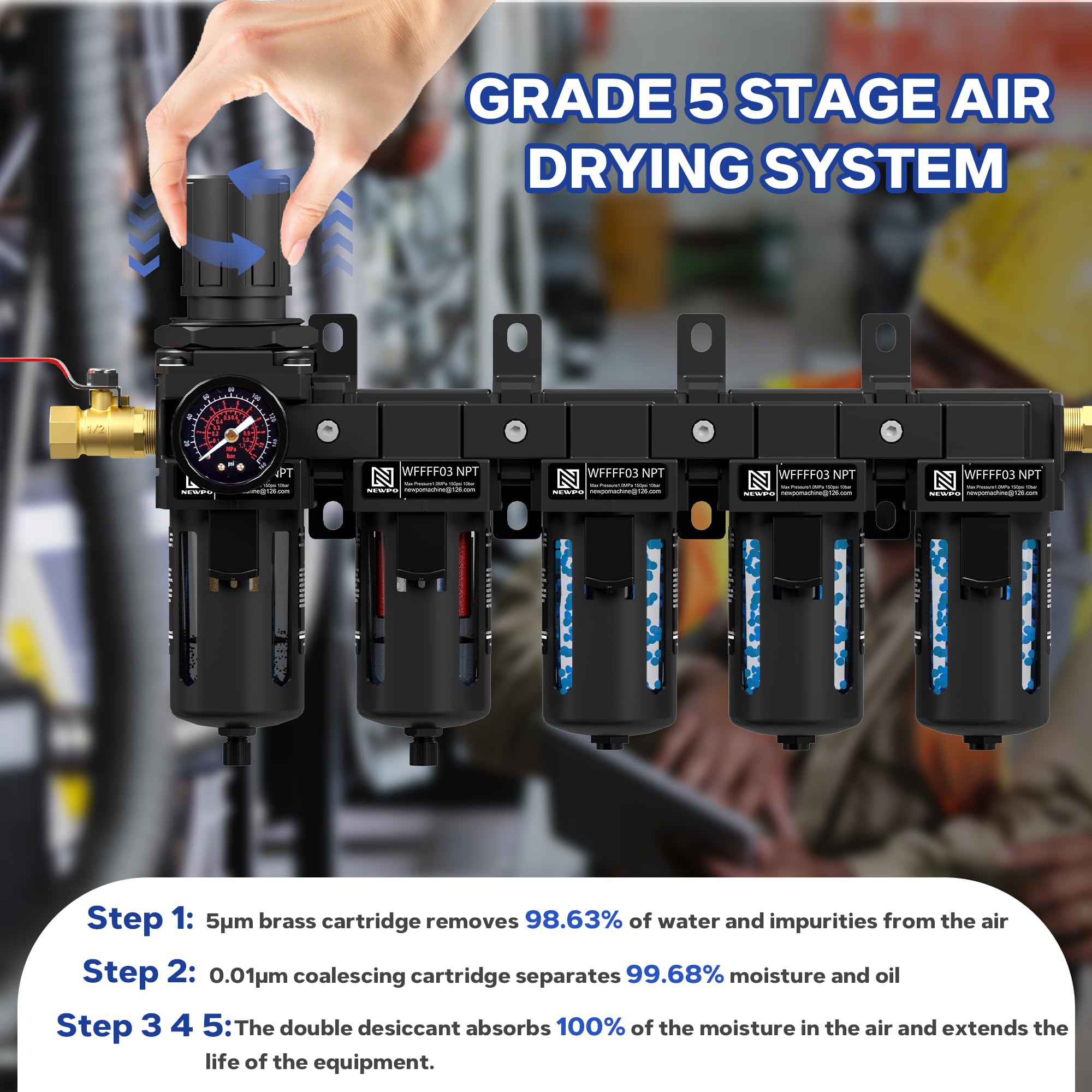 NEWPO Sécheur d'air NPT à 5 étapes de 0,95 cm pour compresseur, régulateur de pression d'air avec cartouche filtrante de 5 et 0,01 microns, triple sécheur déshydratant et système de séchage à l'air