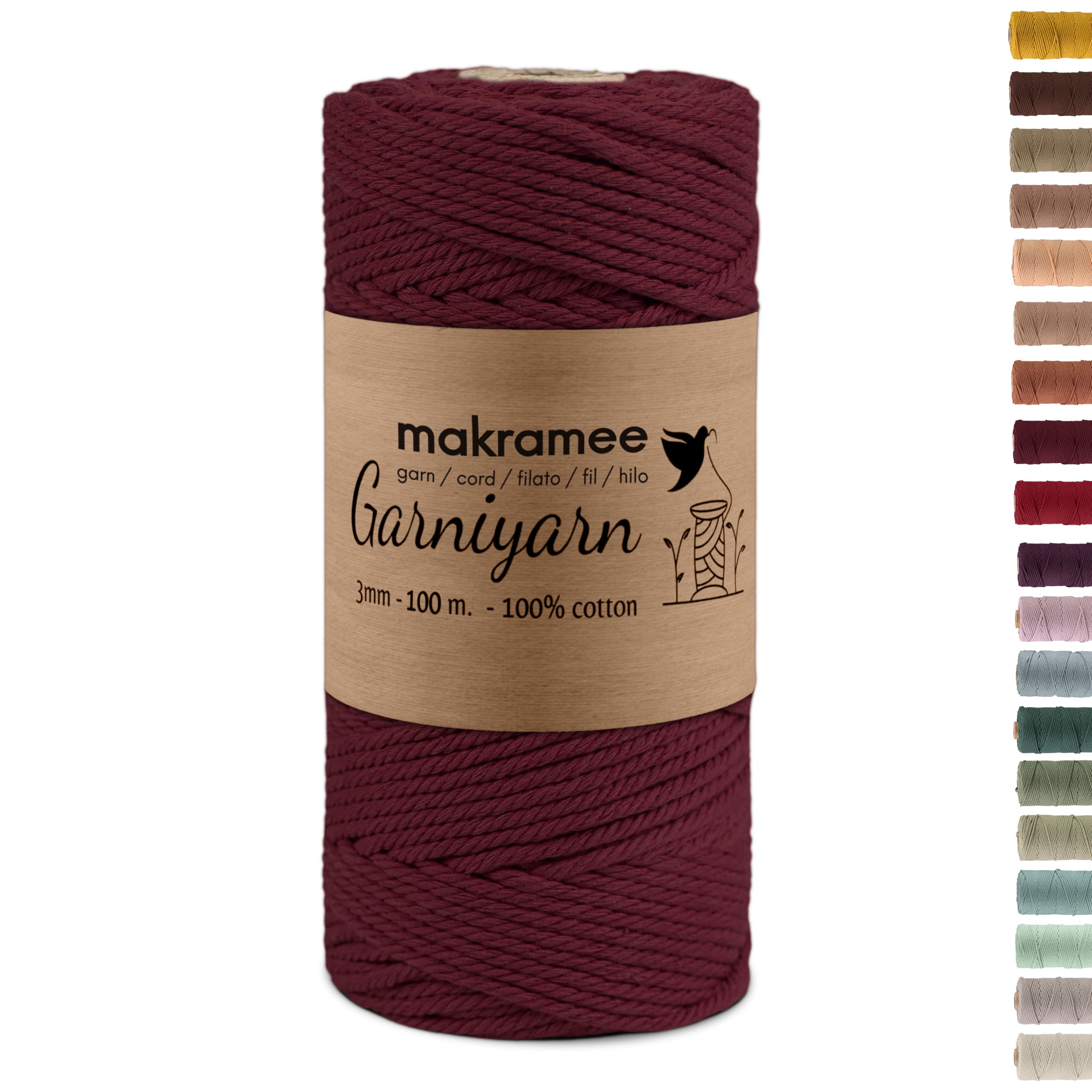 GARNIYARN Macrame Cord 3mm Twisted Cotton Rope for DIY Projects, Boho Home Decor, Wedding Styling, Gift Ideas, Art Deco Style, Oeko-TEX Cotton, Burgundy, 100m