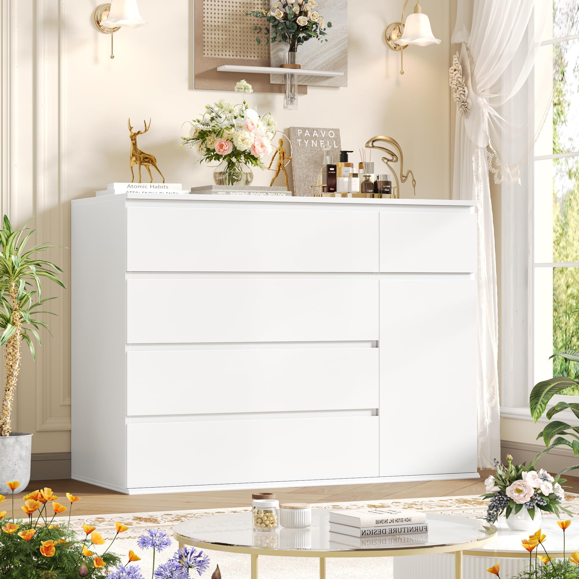 FOTOSOK White Dresser, Dresser for Bedroom, Wide Chest of Drawers