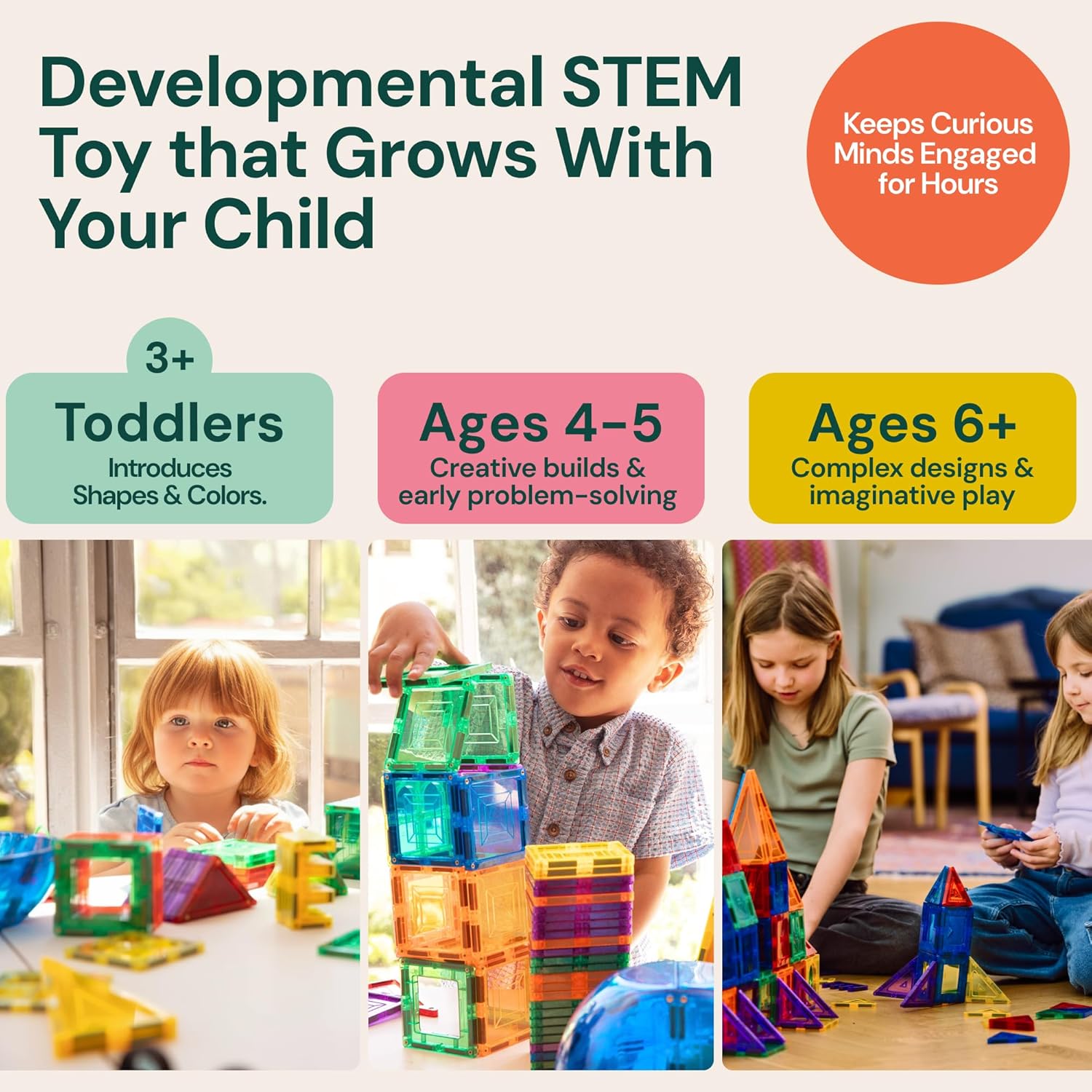 PLAYVIBE Magnetic Tiles - 60 Piece Set, Multicolor - STEM Play & Stem Toys - Strong Magnets, Magnetic Shapes, Tile Building Blocks - Educational Sensory Toys Gift for Kids Birthday Present Indoor Fun