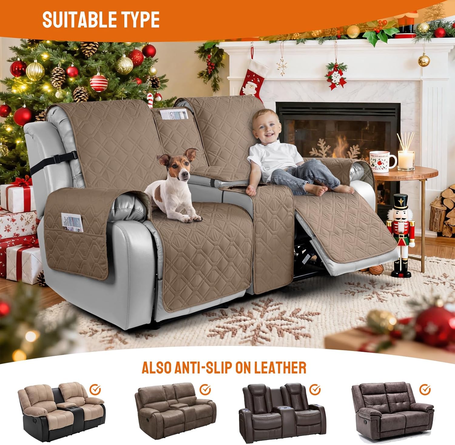 VANSOFY Loveseat Recliner Cover with Console 100% Waterproof Sofa Slipcovers Non-Slip Reclining Couch Cover Split Sofa Covers Furniture Protector for Pets, Dogs(Light Brown)