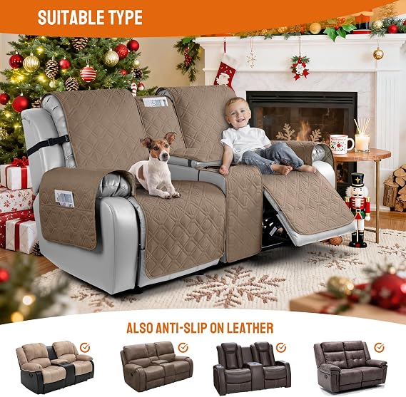VANSOFY Loveseat Recliner Cover with Console Waterproof, Light Brown