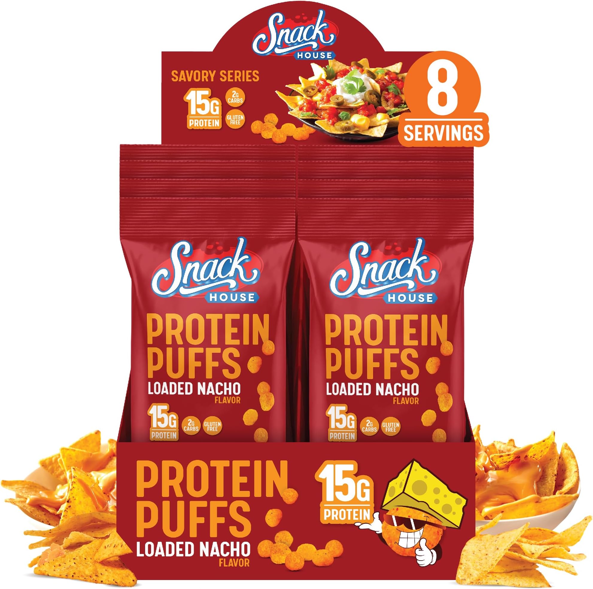 Snack House High Protein Puffs - Low Carb Snacks, 15g of Protein, Healthy Gluten & Grain Free Snack Food - Low Calorie Guilt Free Keto Diet Friendly | 1g Sugar - Loaded Nacho Flavor - 8 Pack