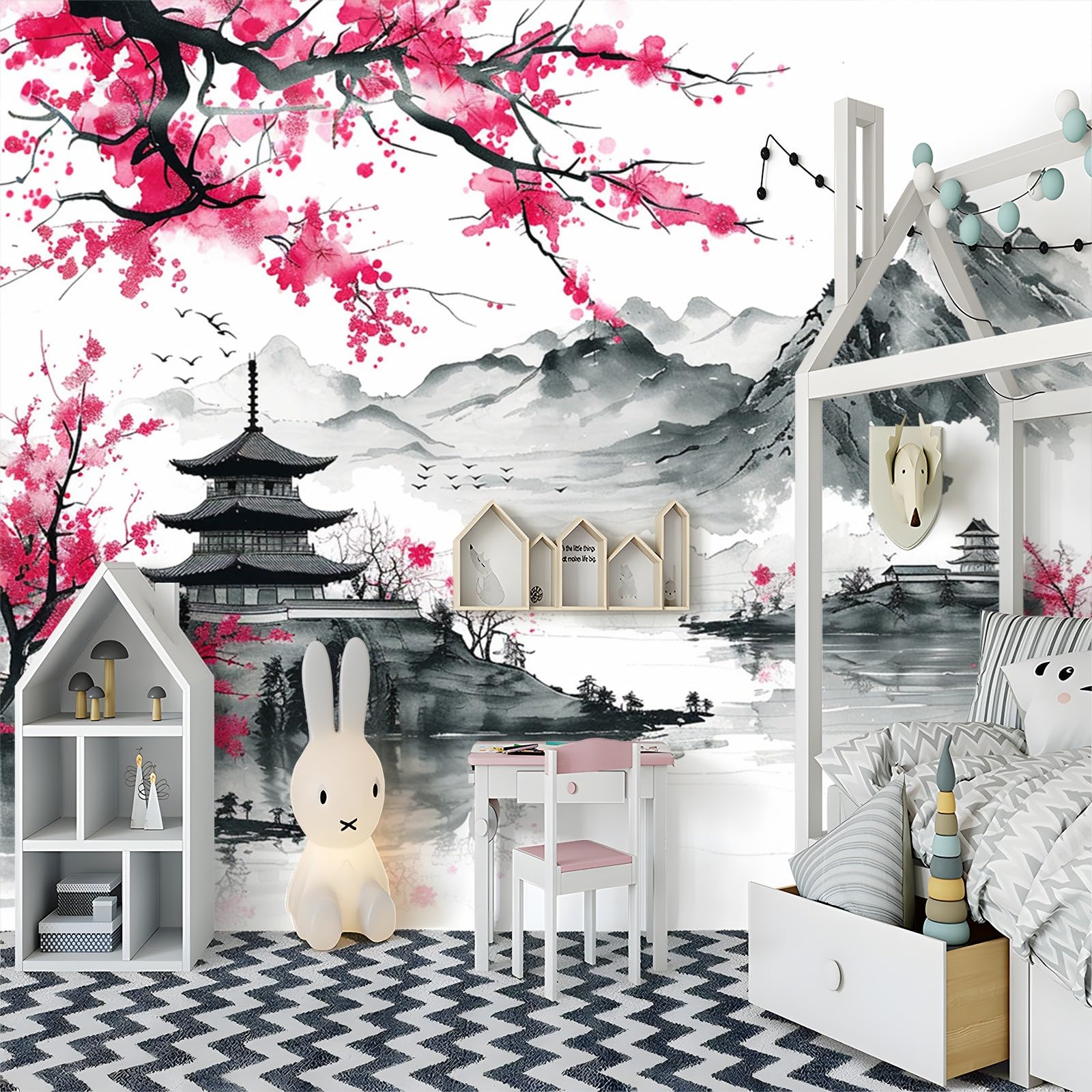 Fotomurales infantiles Flores De Cerezo Japonés Sobre Fondo Blanco. Papel Tapiz 200 x 140 cm Estilo Tradicional De Pintura De Tinta Oriental Fotomurales 3D Tv Fondo Pared Moderno Dormitorio Murales