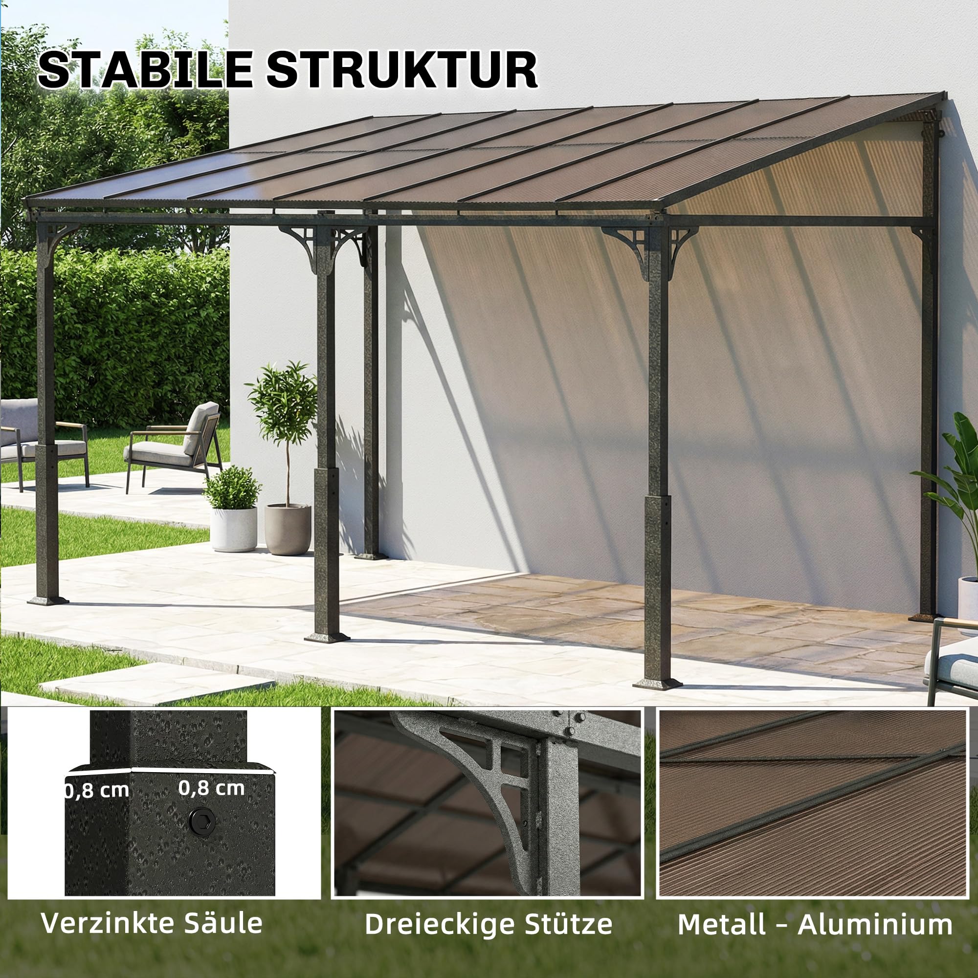 Outsunny Pergola ścienna 4 x 3 m Zadaszenie tarasowe z nachylonym dachem poliwęglanowym, metalowo-aluminiowa rama, przylegająca pergola na taras, ogród, brązowa