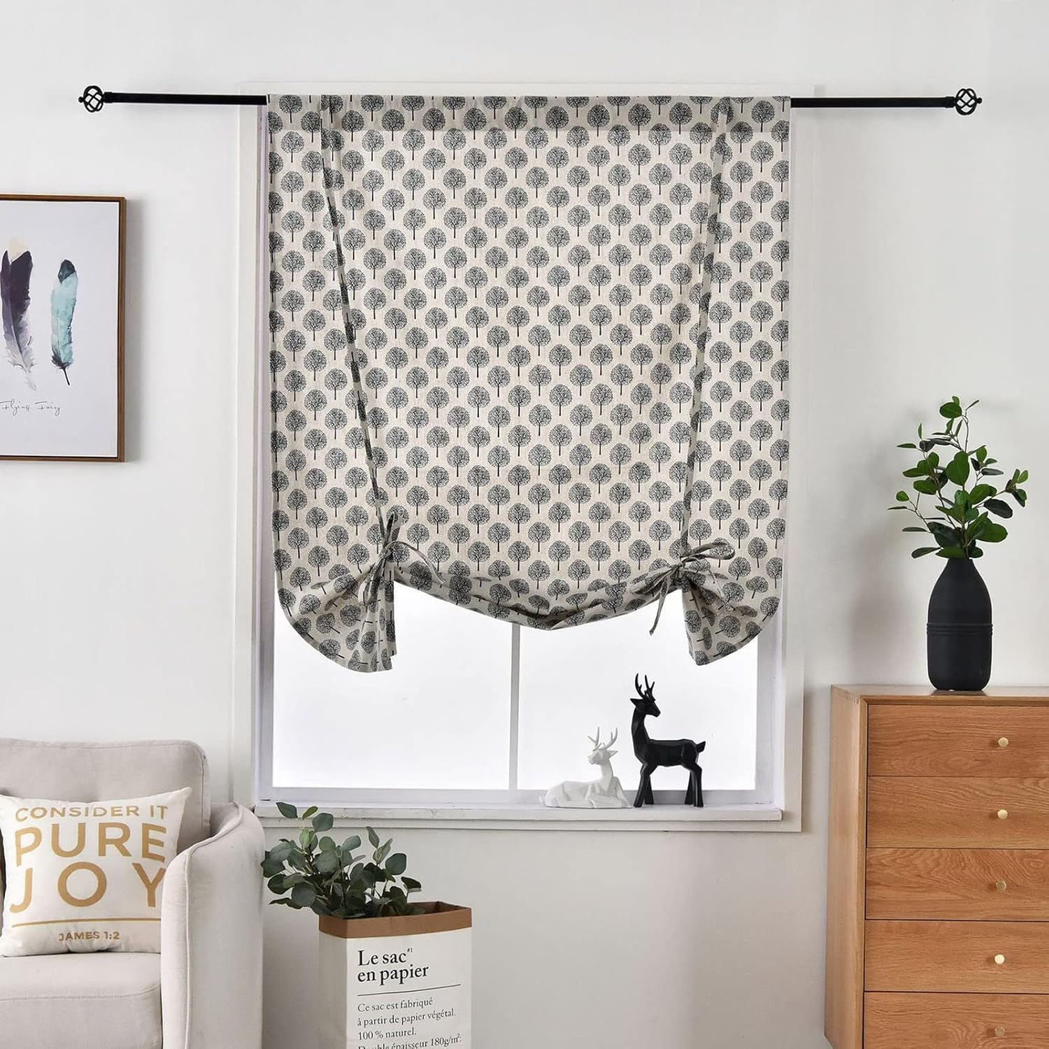 LUNEZY Grey Geometry Printed Tie Up Curtains Window Coverings, 1 Panel, 46" W X 63" L Kitchen Privacy Curtain, Roman Shading Blinds Curtain for Indoor Bathroom Bedroom