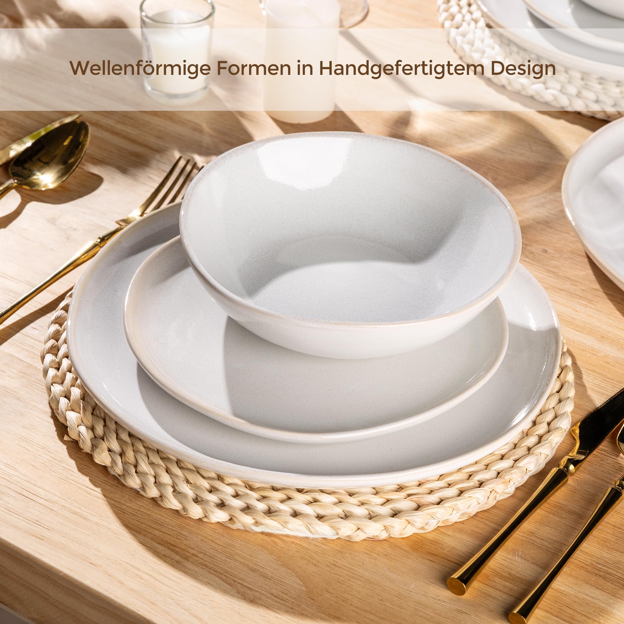 GBhome Steingut Geschirrset 6 Personen, 24-tlg Reaktive Glasur Handarbeit Geschirr Set, Mikrowellen- & Spülmaschinenfest Schüssel- und Teller Set, Beige