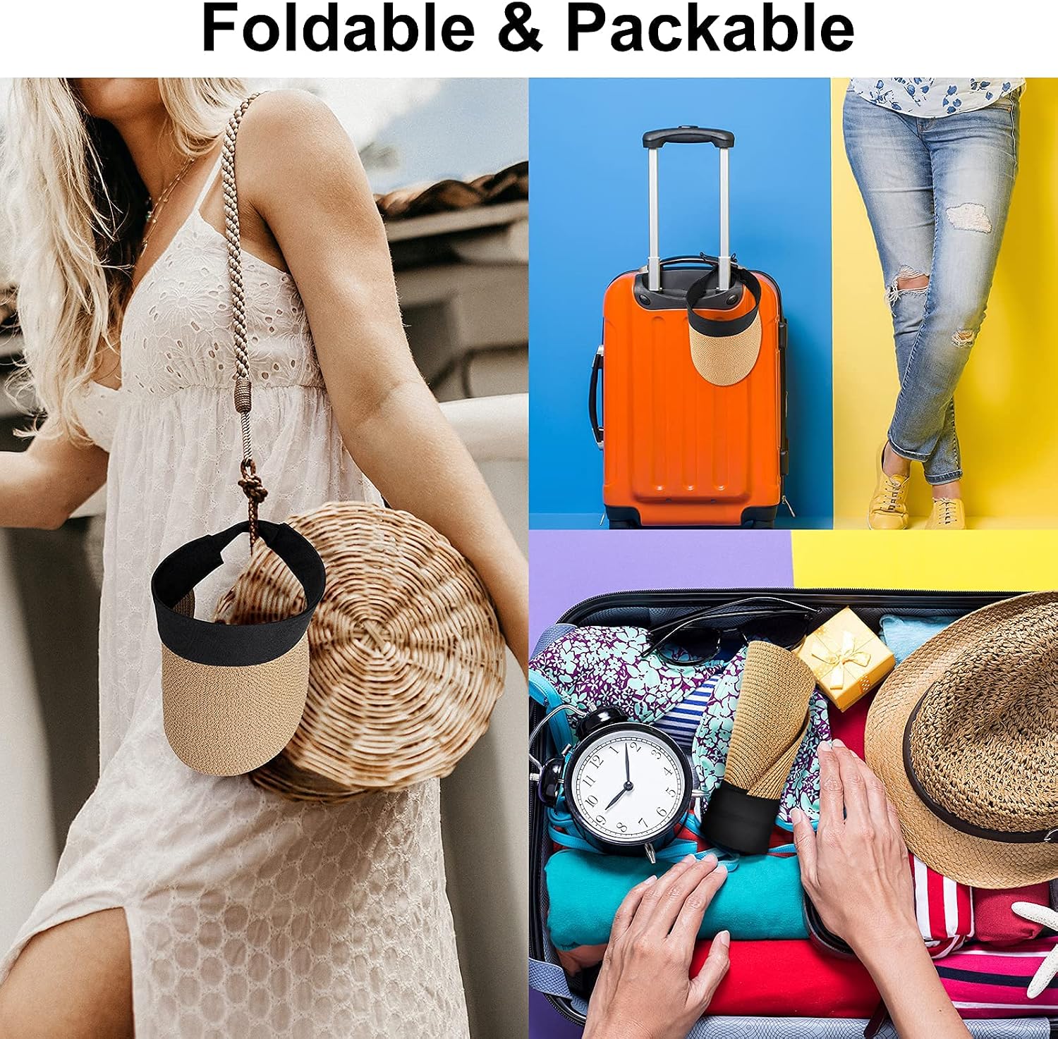 Hcimooy Cappelli con Visiera Parasole per Donna Cappello a Tesa Larga in  Paglia Arrotolabile a Coda di Cavallo Cappello Estivo da Spiaggia UV UPF  Ripiegabile Pieghevole da Viaggio lencicol Cappelli e cappellini
