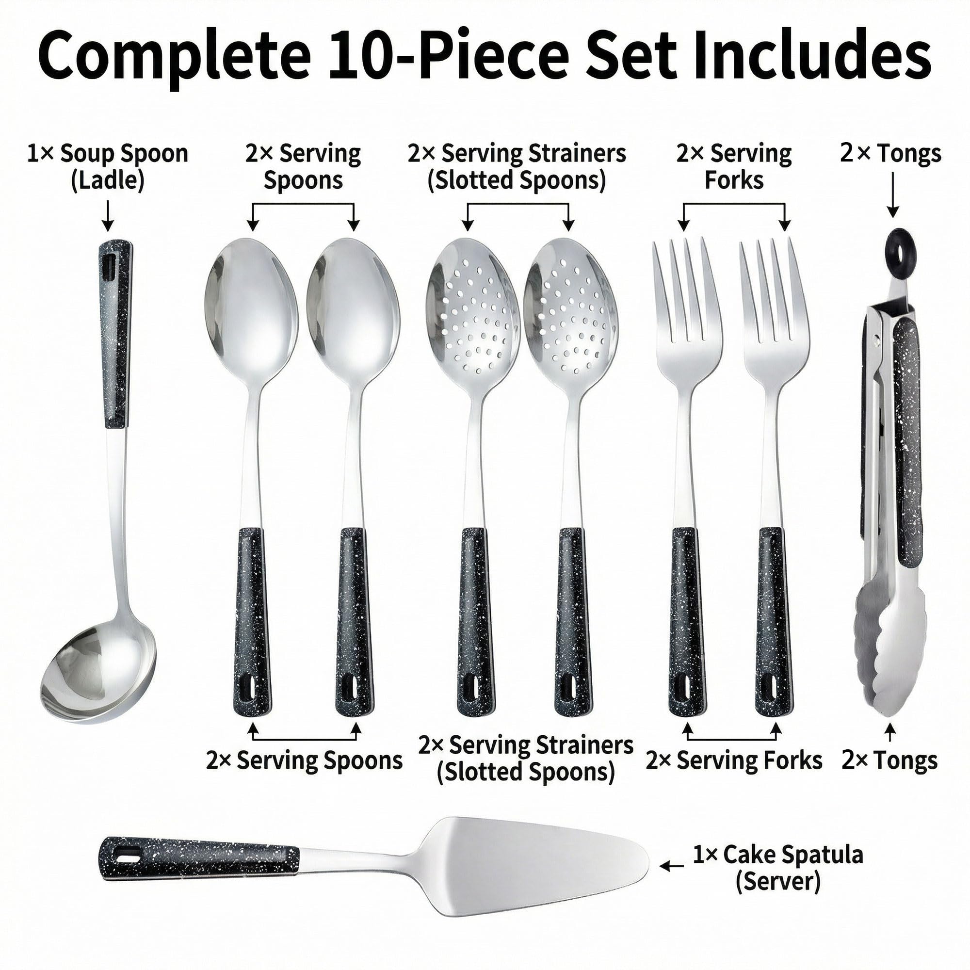 Utensilios de servir de metal de acero inoxidable: juego de cucharas para servir, cucharas ranuradas y pinzas para servir. Tenedor de servir, servidor de pasteles