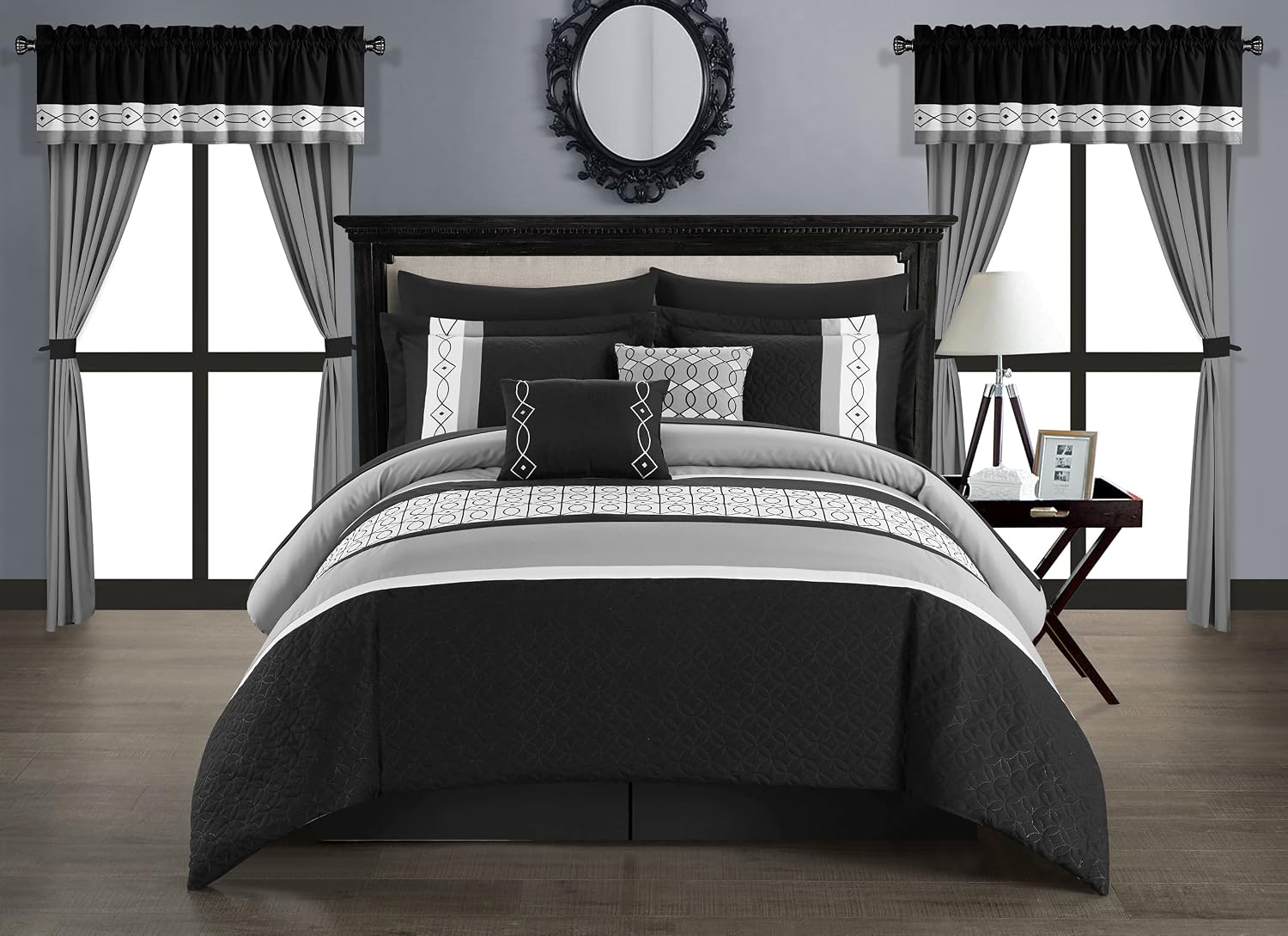 Chic Home Katrin 20 Piece Comforter Color Block Geometric Embroidered Bag Bedding-Sheet Set Pillowcases Window Treatments Decorative Pillows Shams Included, Queen, Black