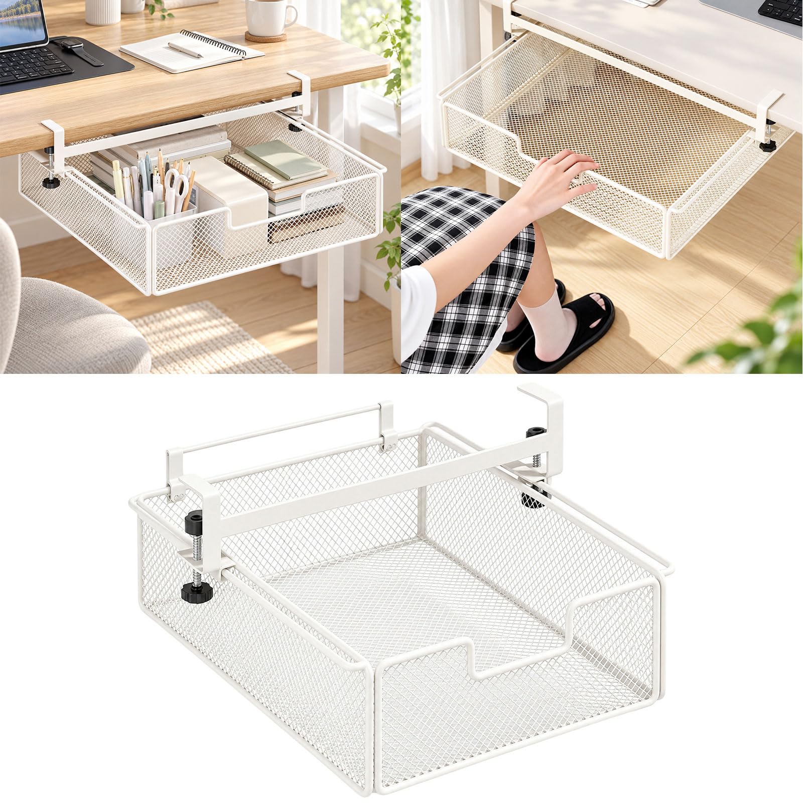 Cajón de almacenamiento debajo del escritorio con cesta, White
