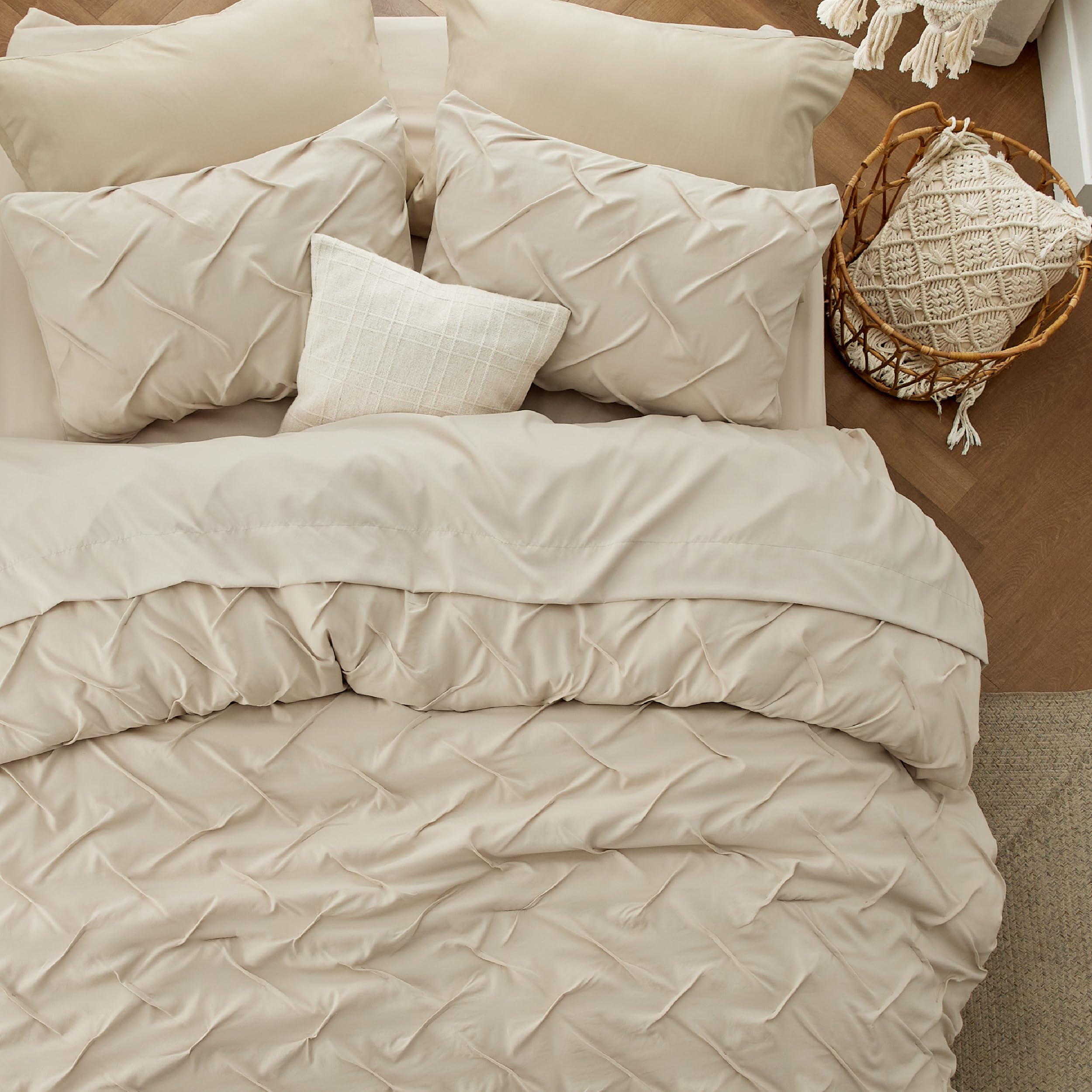 Bedsure Beige Queen Comforter Sets - Bed in a Bag Queen 7 Pieces, Pintuck Bedding Sets Beige Brown Bed Set with Comforter, Sheets, Pillowcases & Shams