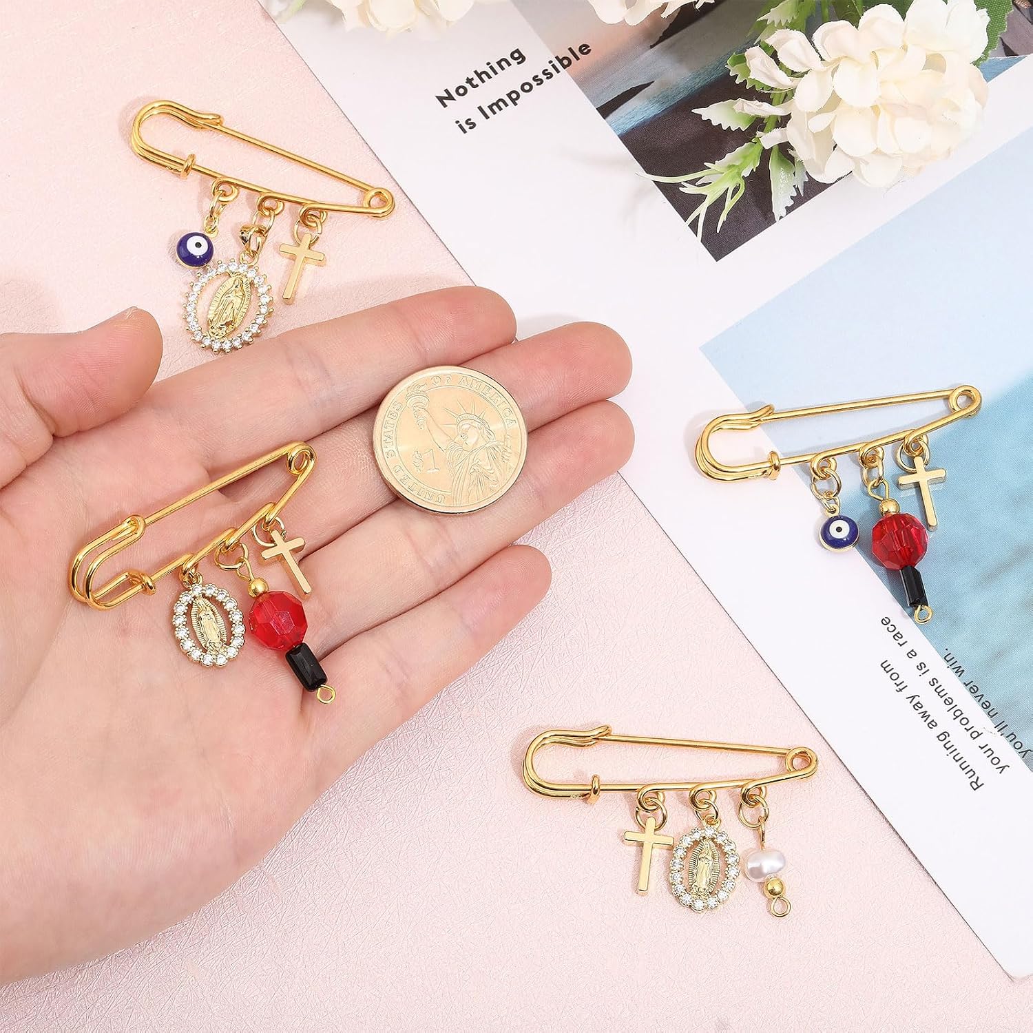 CHGCRAFT 4Pcs Evil Eye Safety Pin Gold Plated Brooch Pin with Cross Pendant Evil Eye Brooch for Backpack Clothing Badges