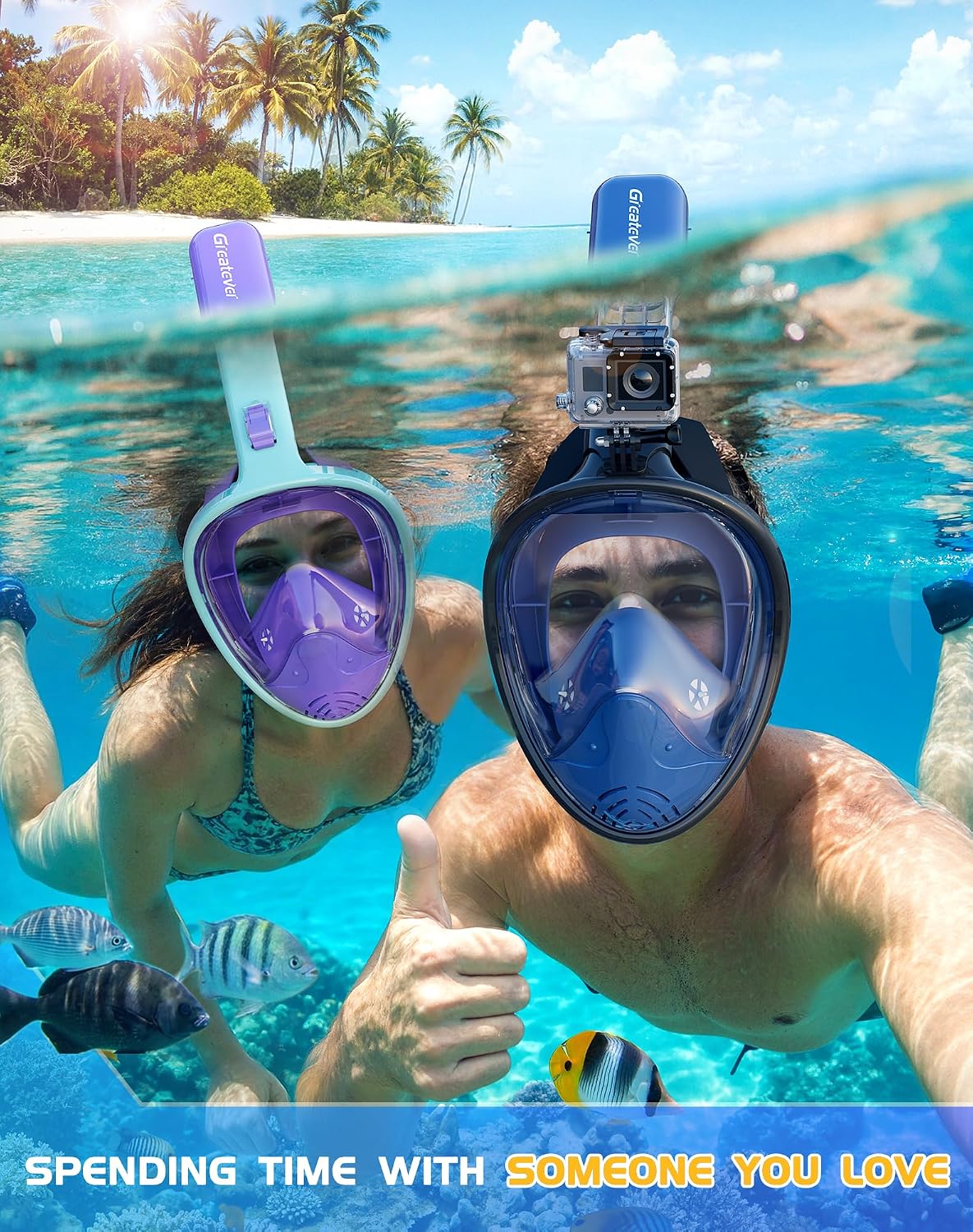 greatever full face snorkel mask, snorkeling gear for adults with latest dry top breathing system and detachable camera mount, foldable snorkel set for family snorkeling trips, anti-fog & anti-leak 2 pack - cerulean blue+cyan purple large-x-large