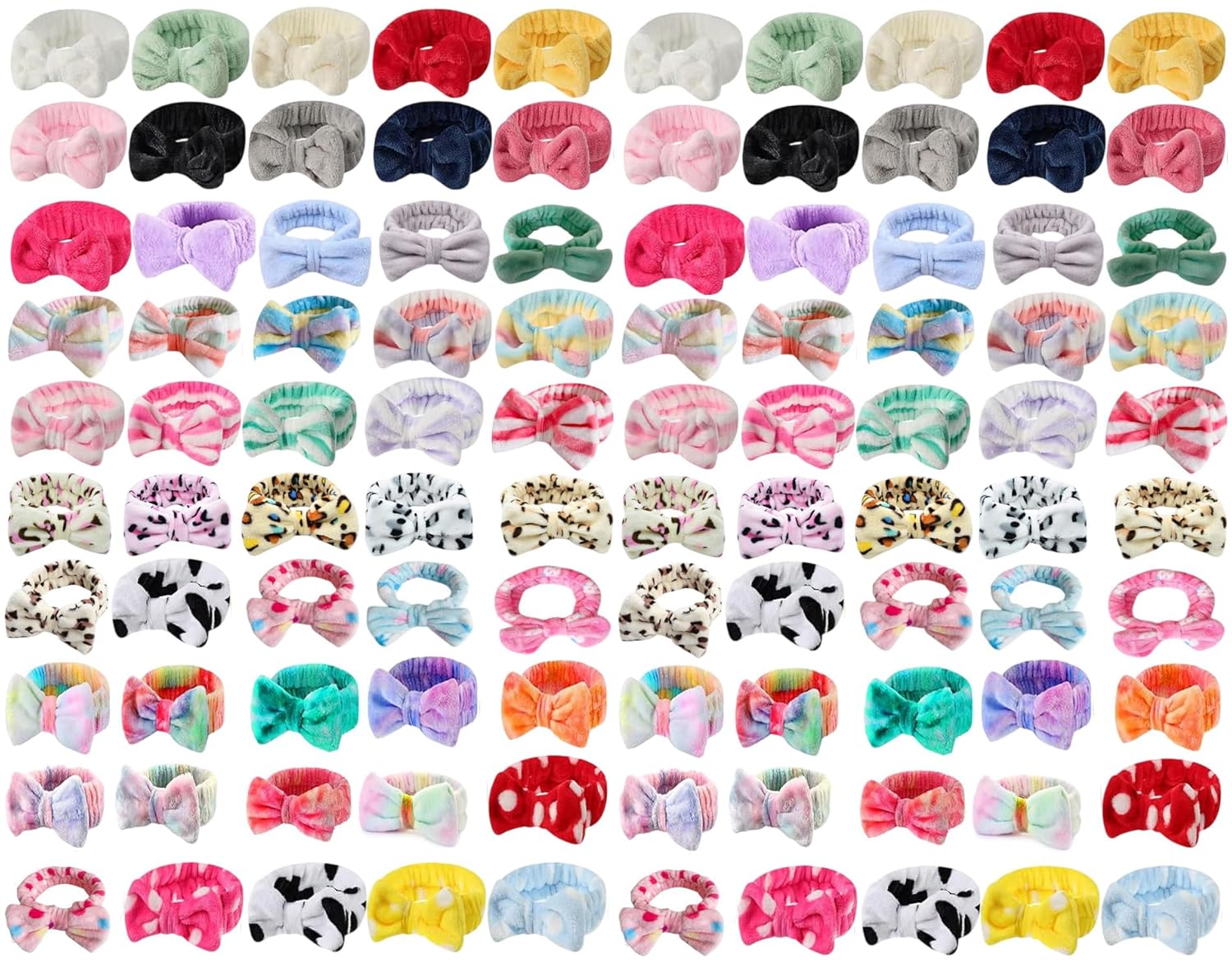 100 Pcs Spa Headband Bulk-Easter Gift 50 Styles Coral Fleece Terry Cloth Makeup Headbands Sleepover Party Supplies Cosmetic Headband for Makeup, Soft Skincare & Washing Face Bow Hairbands for Women