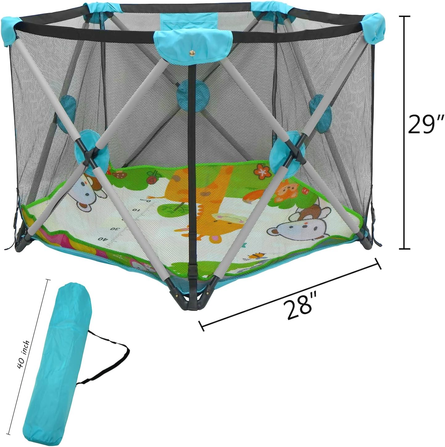 HongK- Baby Blue Pentagon Safety Playpen Portable Foldable Mesh Playard Infants Baby Toodler Animals Fence w/Travel Bag Nursery Furniture For Indoor Outdoor - Baby Blue