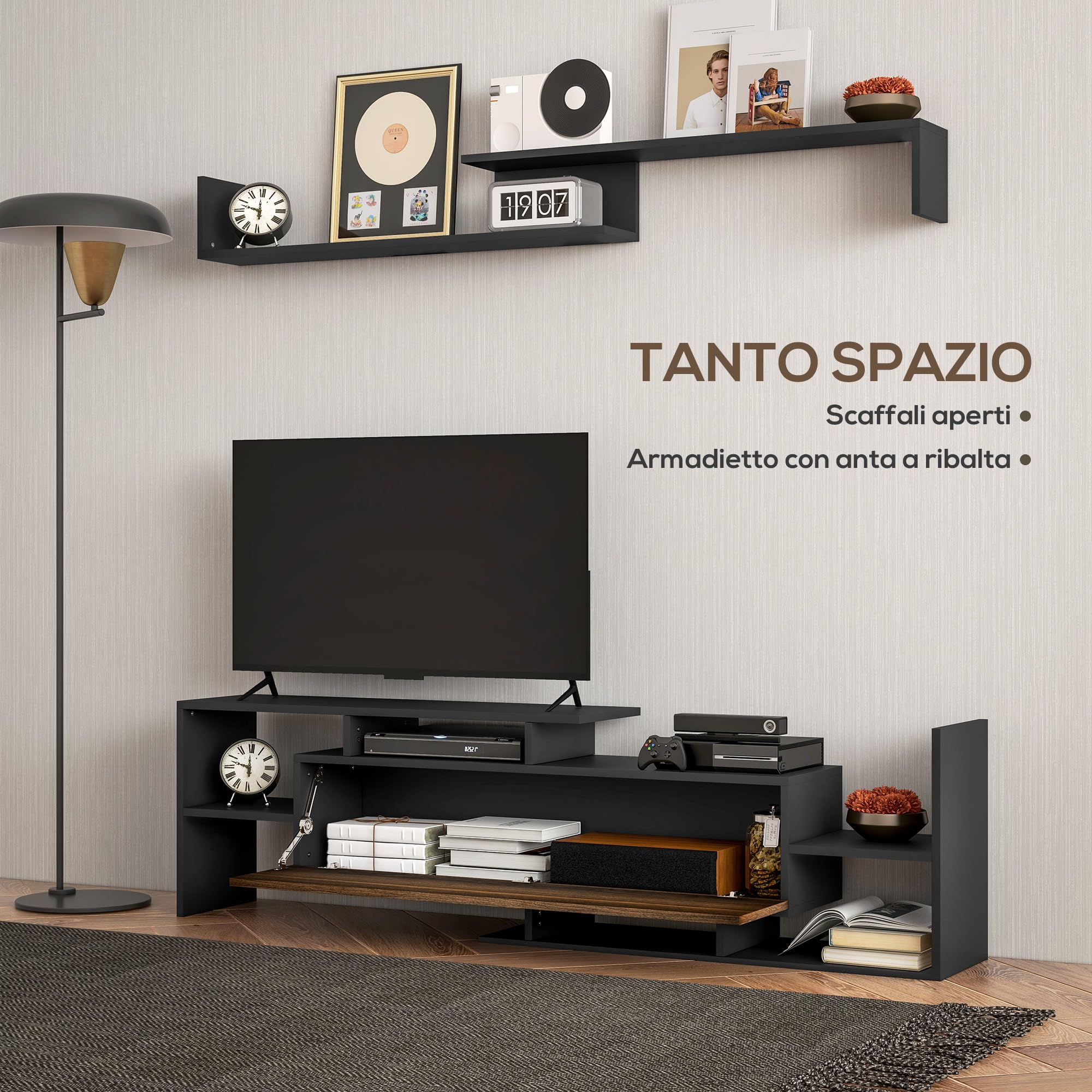 HOMCOM Mobile TV con Mensola a Muro, Ripiani Aperti e Armadietto in Legno, Mobile TV Moderno per Soggiorno e Camera da Letto, Nero e Marrone