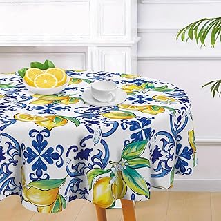 Blue Lemon Italy Tile Pattern Round Tablecloth 60 x 60 Inches, Amalfi Coast Capri Citrus Decorative Dining Table Cloth, Summer Mediterranean Dinner Table Cover Picnic Party Decoration