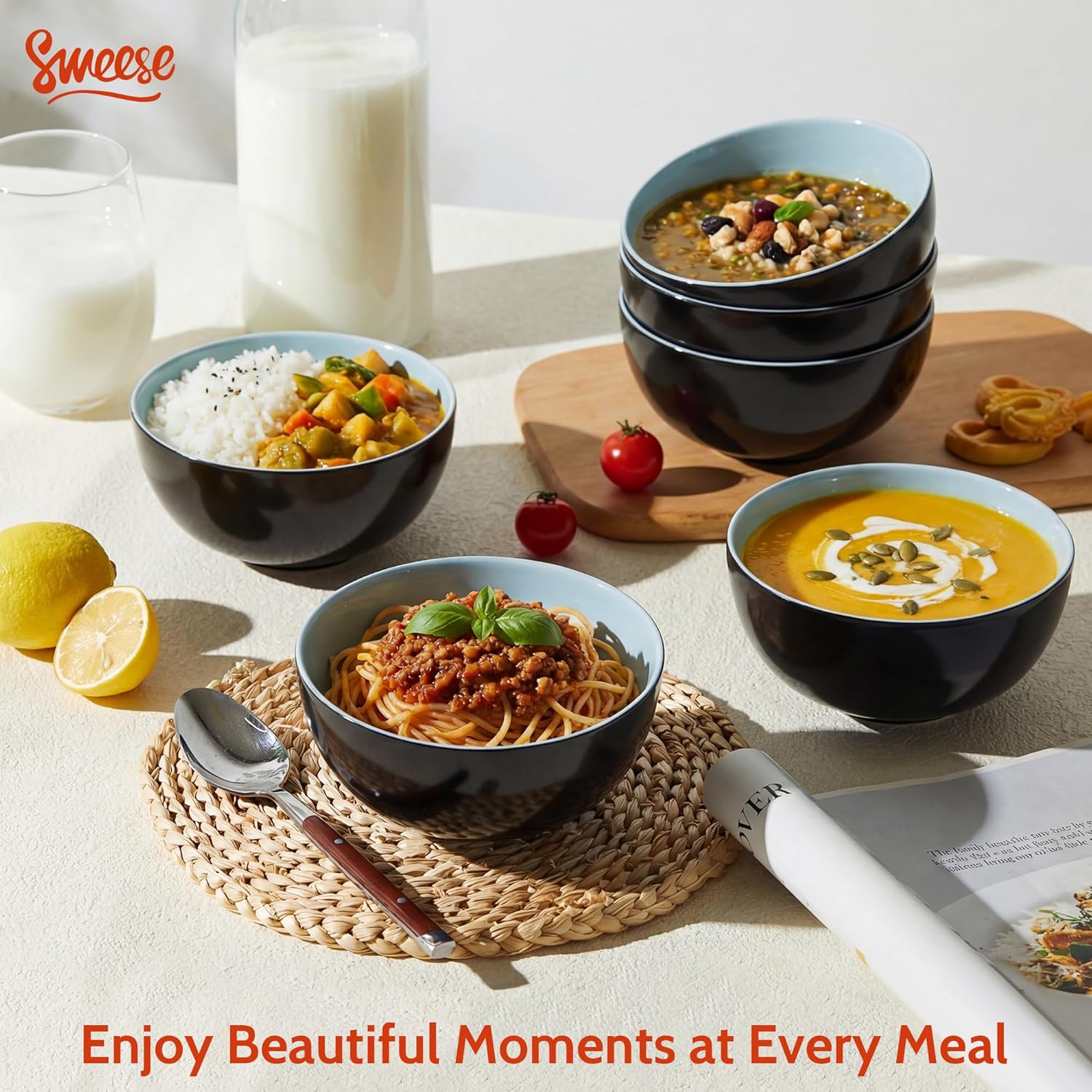 Sweese Porcelain Bowls Set of 6, 20oz Lightweight Round Cereal Bowls Set - Dishwasher, Microwave, Oven Safe, Scratch Resistant, Kitchen Serving Dishes -Black & Blue