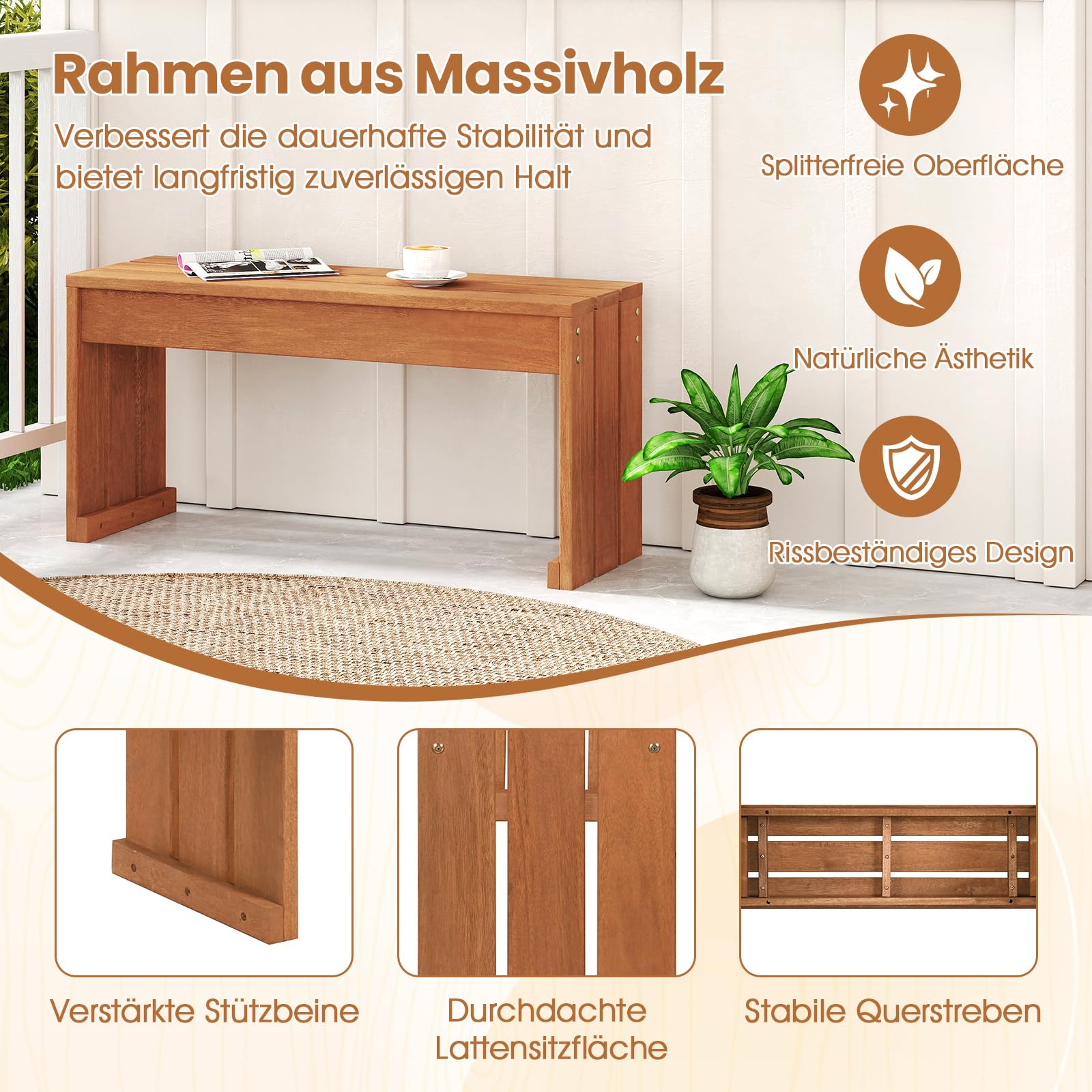 COSTWAY Gartenbank ohne Lehne, Sitzbank Holz Wetterfest, Holzbank, Balkonbank aus Hartholz, Blumenbnk für Garten, Balkon, Terrasse, 90 x 30 x 44 cm