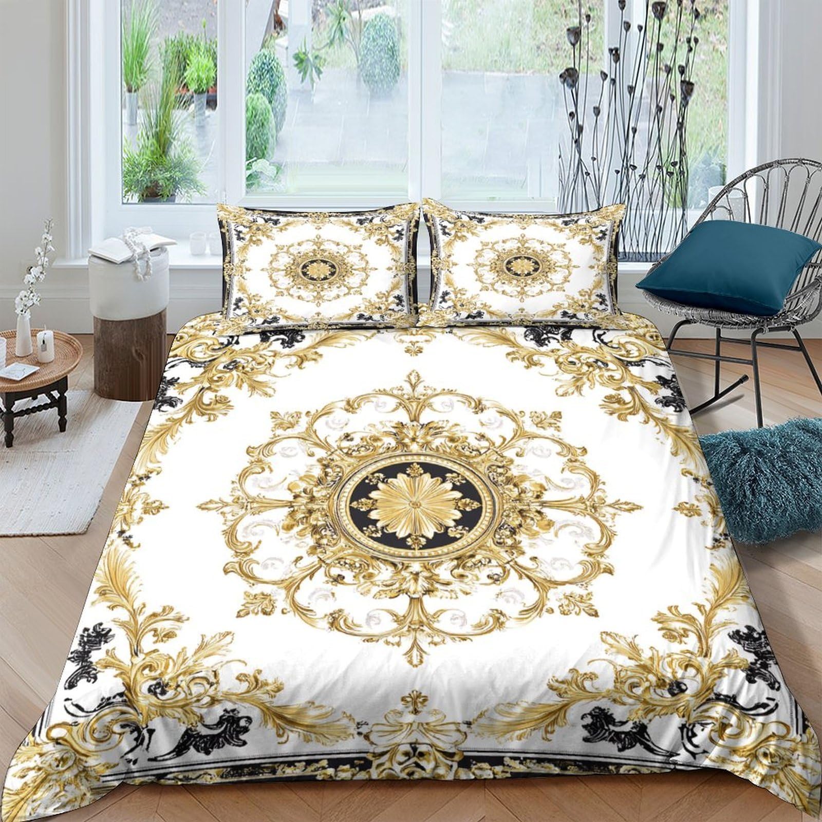 Ctjqhvkz Style-3 3D Printed Baroque Gold Medallion Fitted Sheet Microfiber Elegant Black Mattress Cover For Bedroom Guest Room Decor Single（135X200cm）