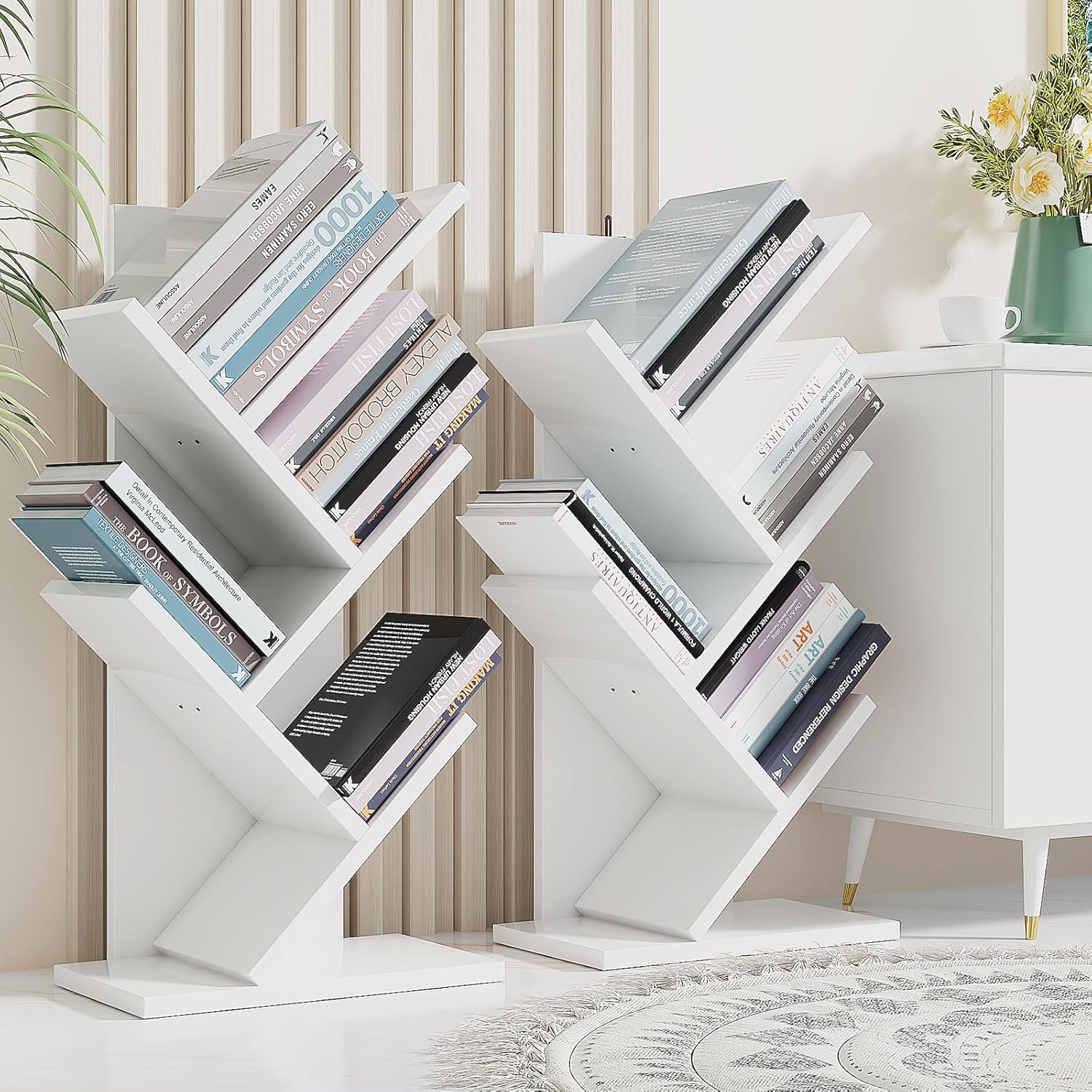 YMYNY 4 Tier Tree Bookshelf, Small Bookcase, Modern Wood Book Storage Rack, Freestanding Book Shelf for Books/Movies/CDs, Narrow Display Rack for Living Room, Home Office, White UHBC014W