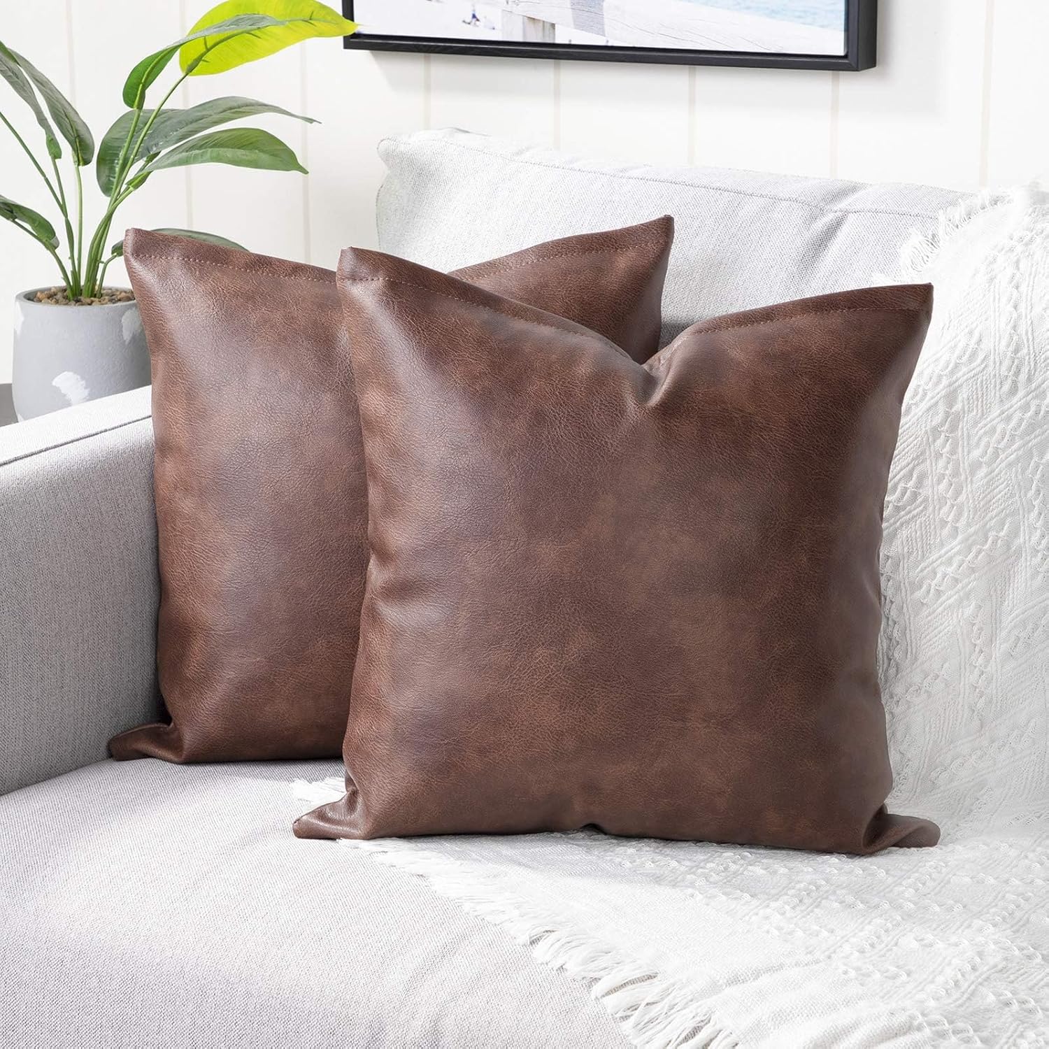 Yaertun Set of 2 Faux Leather Decorative Throw Pillow Covers Modern Solid Outdoor Cushion Cases Luxury Pillowcases for Couch Sofa Bed 22x22 Inches Dark Brown
