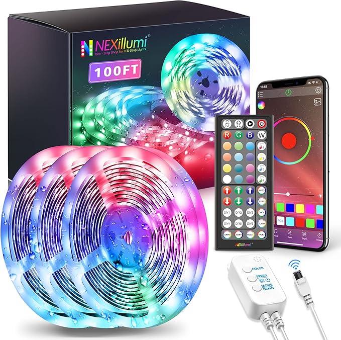 Nexillumi 100ft Waterproof LED Strip Lights with Remote, SMD 5050 Color