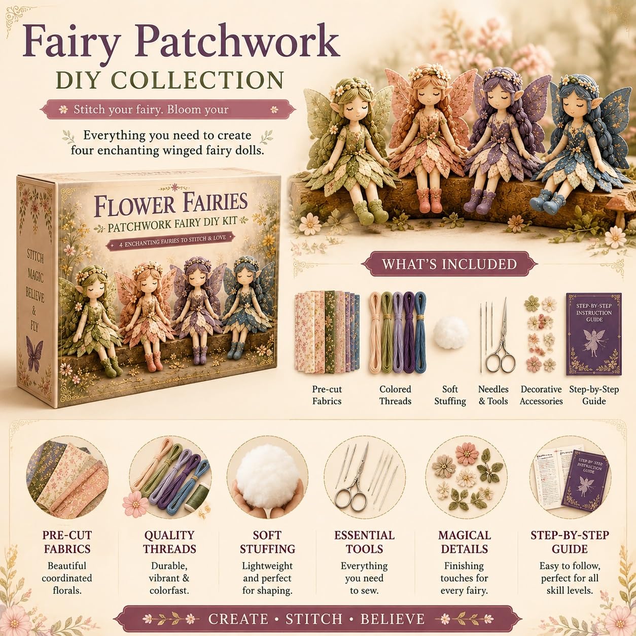 Colección De Bricolaje Patchwork, Muñeca De Tela Alada DIY, Divertido Kit De Costura Hecho A Mano, 4 Muñecas De Tela Aladas Hechas A Mano, Materiales De Costura Completos(A)